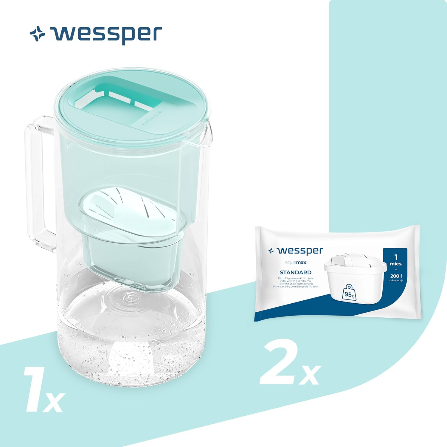 Wessper Wasserfilterkrug Glas 3 L, Set Wasserkrug und 2 Filterkartuschen, kompatibel mit Brita Maxtra, Wasserkaraffe für Trinkwasser mit Ersatzfilter – Mint – Bild 2