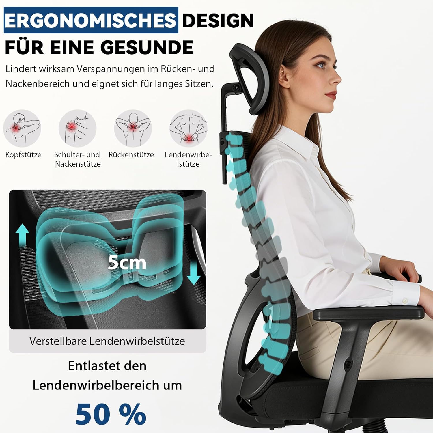 Durrafy Bürostuhl, ergonomischer Bürostuhl, 150 kg belastbar, verstellbare Lordosenstütze, Kopfstütze & Armlehnen, Drehstuhl mit Liegefunktion, hohe Rückenlehne als Schreibtischstuhl, schwarz – Bild 4