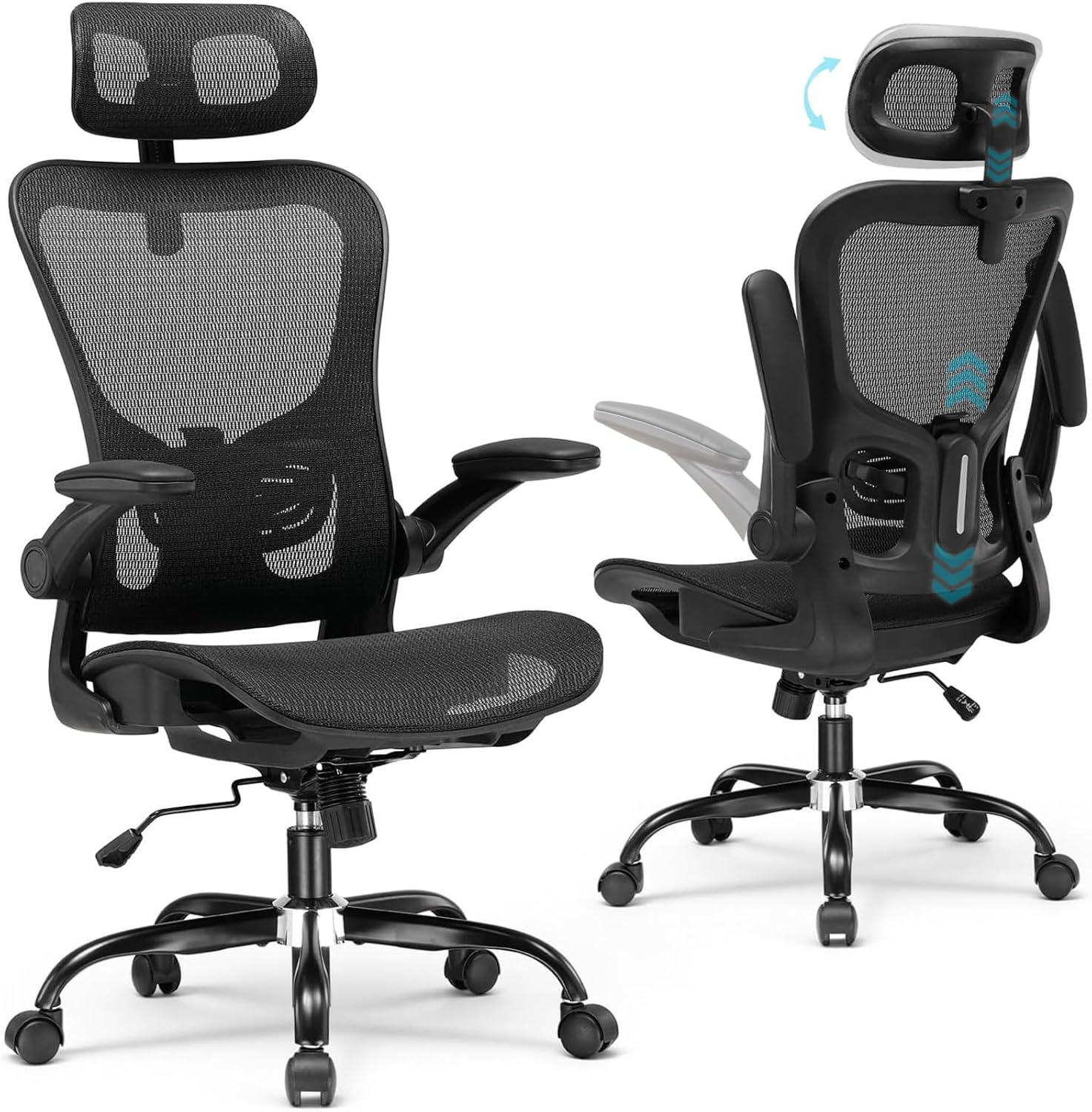 GTPLAYER Ergonomischer Bürostuhl mit verstellbarer Kopfstütze, Armlehnen, Lordosenstütze, Bürostuhl & Gaming-Stuhl, Wippfunktion, Mesh-Chefsessel, 150 kg (Schwarz)