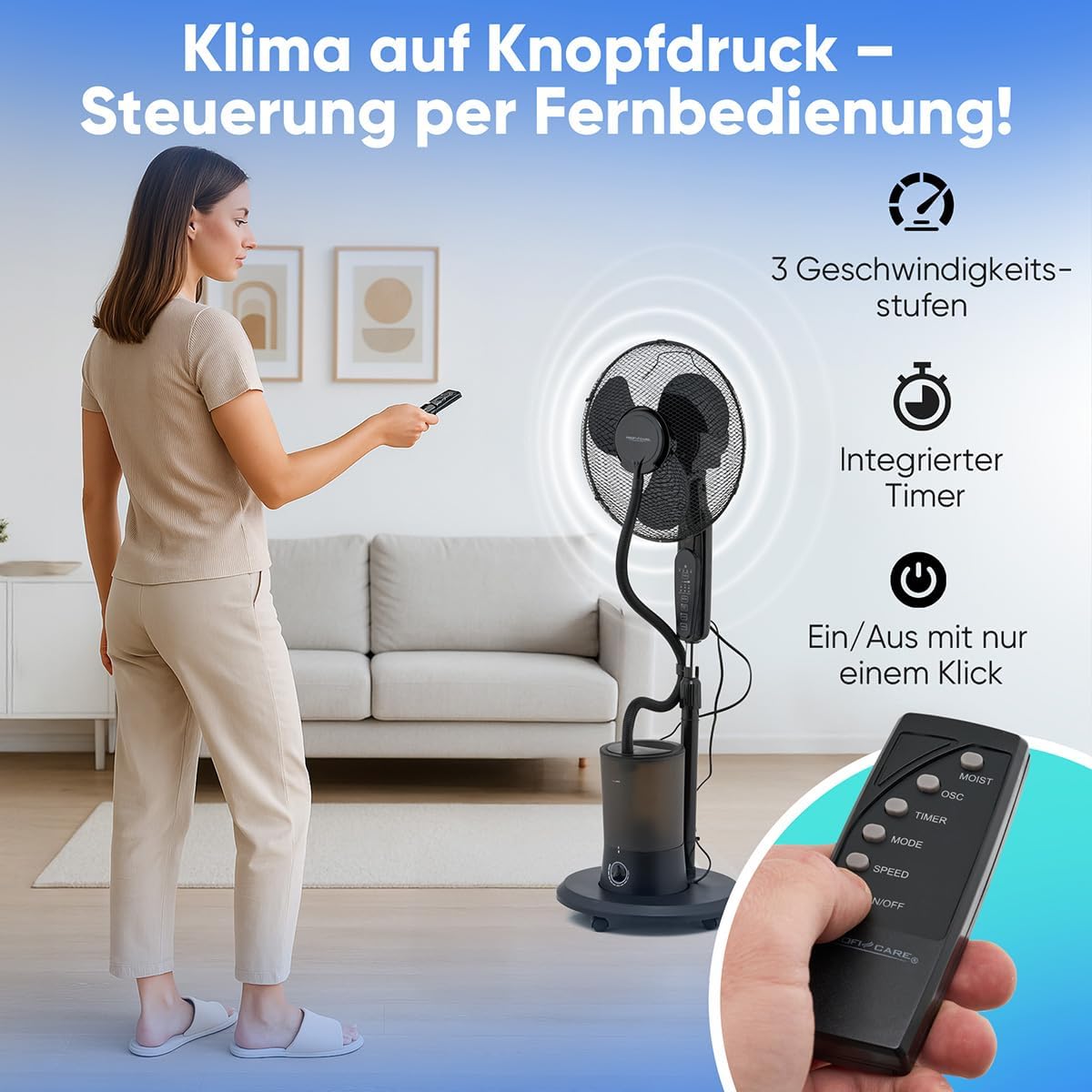 ProfiCare Leise Ventilator mit Luftbefeuchter, Schwenkfunktion, Höhe und Winkel verstellbar, 3 Stufen, Timer, Standventilator, sehr leise, Ventilator mit Fernbedienung, Ventilator PC VL 3142 LB – Bild 5