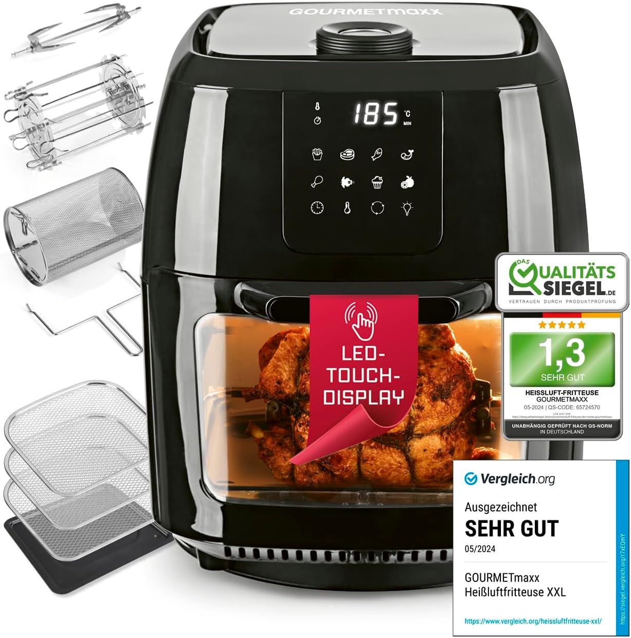 GOURMETmaxx Digitale XXL Heißluftfritteuse, 9 Liter | Frittieren ohne Fett, Fritteuse, Backofen und Drehgrill in einem | Inklusive Drehspieß für Hähnchen- und Kebabspieße (1.800 Watt/Schwarz)