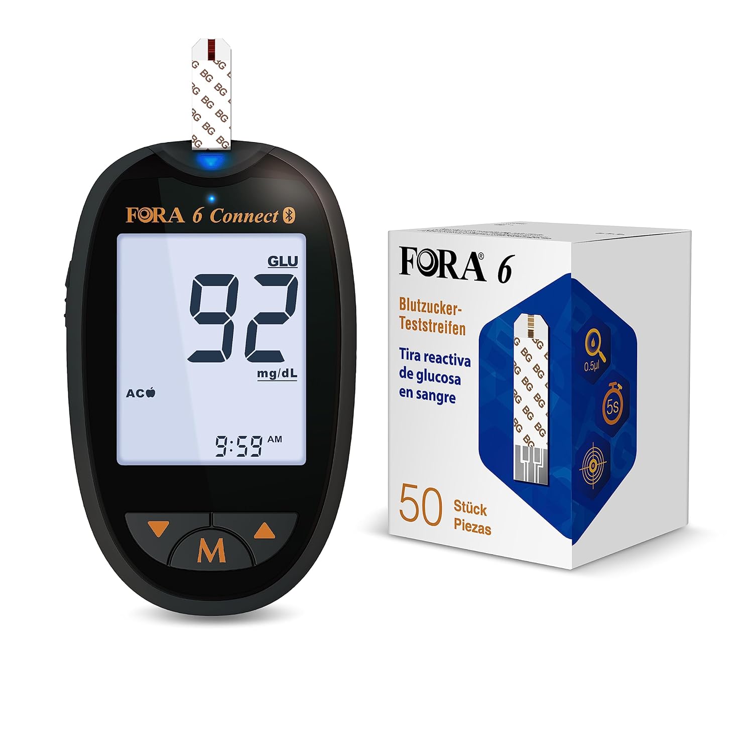 FORA 6 Connect Bluetooth-Blutzuckermessgerät mit Blutzucker-Teststreifen (50 Stück)