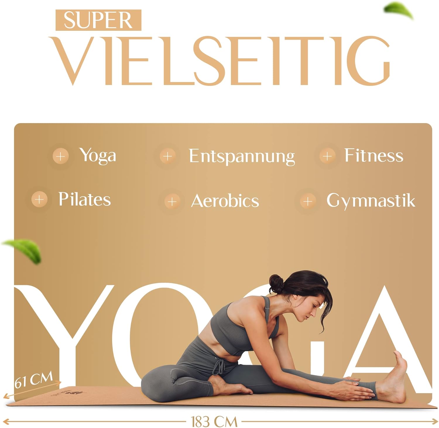 Premium 2-in-1 Yogamatte aus Kork & Naturkautschuk mit Tragegurt 183 x 61 x 0,4 cm (groß) – Gymnastik- & Pilatesmatte rutschfest, 100 % nachhaltig, schadstofffrei – Bild 6