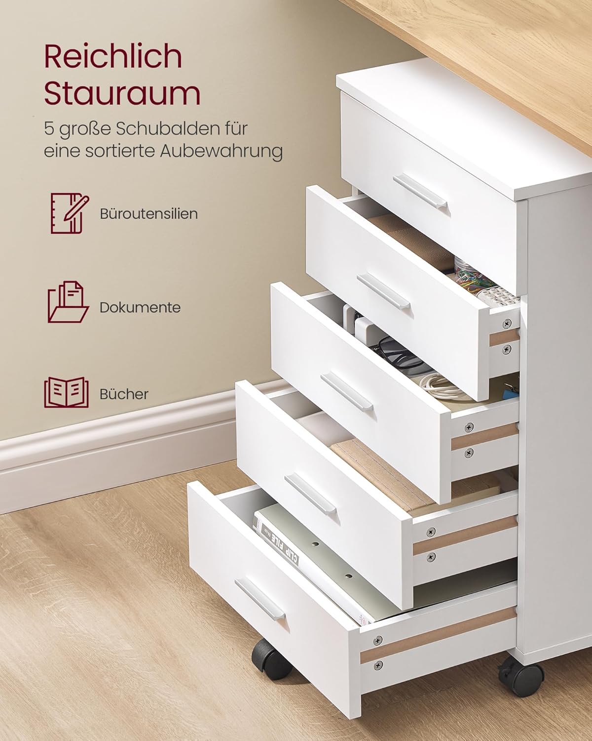 VASAGLE Rollschrank, mobiler Aktenschrank, Schubladenschrank, Druckerständer mit 5 Schubladen mit schraubenlosen Gleitschienen für Büro, Zuhause, Büro, Wolkenweiß OFC081W01 – Bild 4