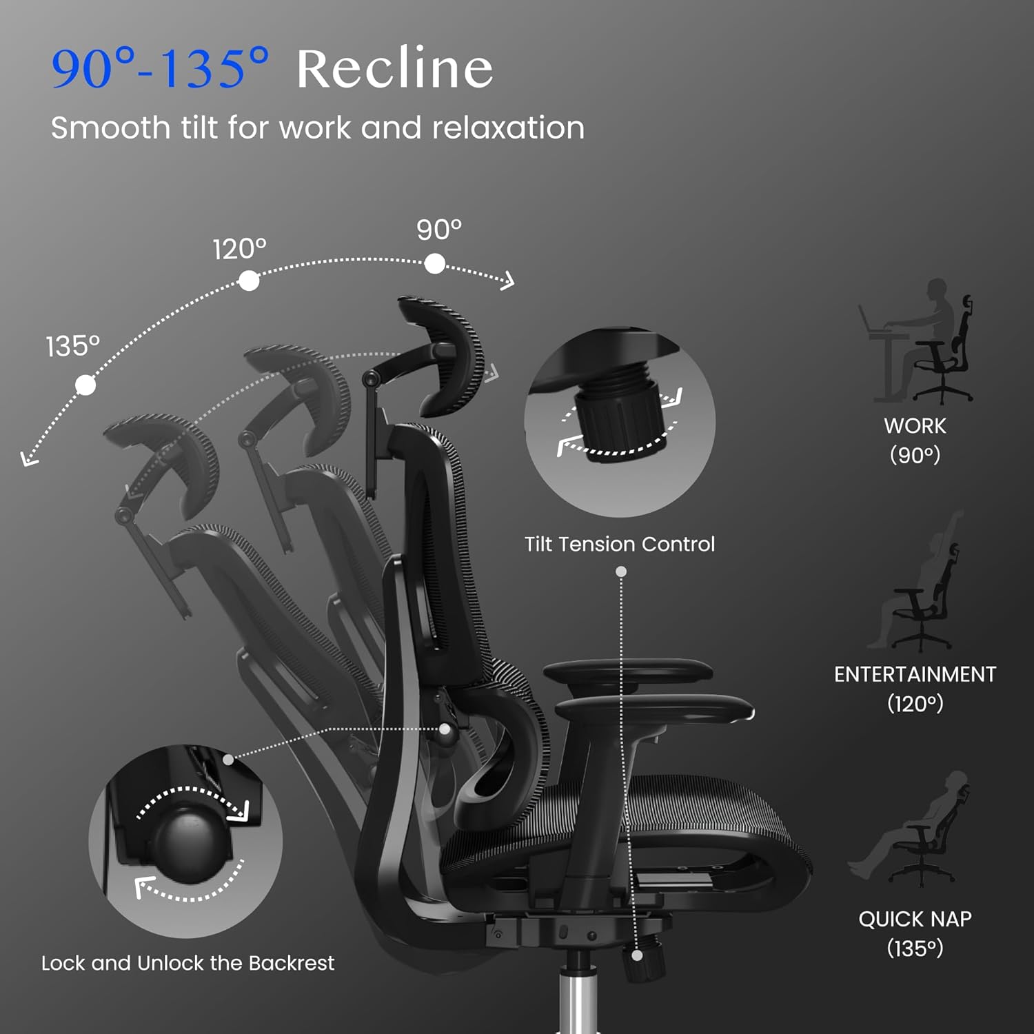 FLEXISPOT ErgoX Ergonomischer Bürostuhl, Schreibtischstuhl mit Fußstütze, 3D-Armlehnen, 3D-Kopfstütze, 5D-Rückenlehne, atmungsaktiver Sitz, 136 kg maximale Belastbarkeit, Dunkelgrau – Bild 6