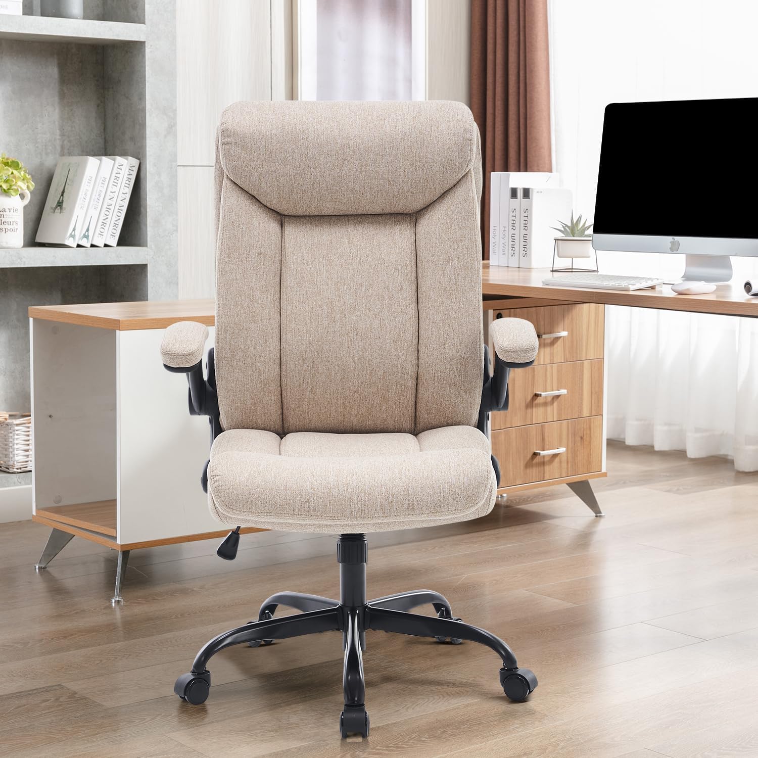 MZLEE Ergonomischer Bürostuhl, Computerstuhl, Schreibtischstuhl, drehbarer Arbeitsstuhl mit hochklappbarer Armlehne, höhenverstellbar, bequem für Büro, Zuhause, Gaming (beiger Stoff) – Bild 2