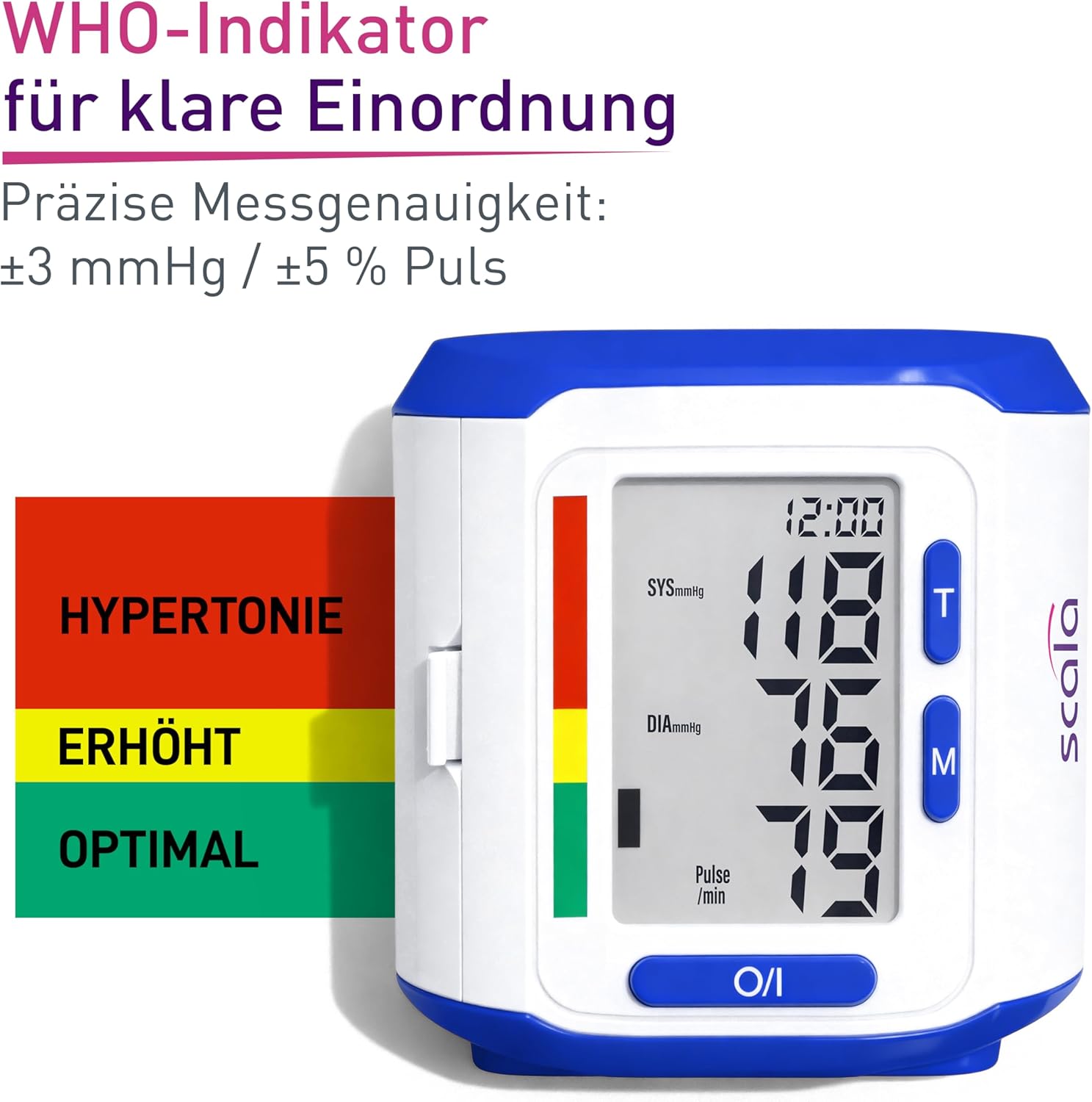 scala SC 6400 Blue Handgelenk-Blutdruckmessgerät – Präzises Blutdruckmessgerät mit WHO-Anzeige und 85 Speicherplätzen – Fuzzy-Logic-Technologie – inklusive Box und Batterien – Manschette 13,5–19,5 cm – Bild 3