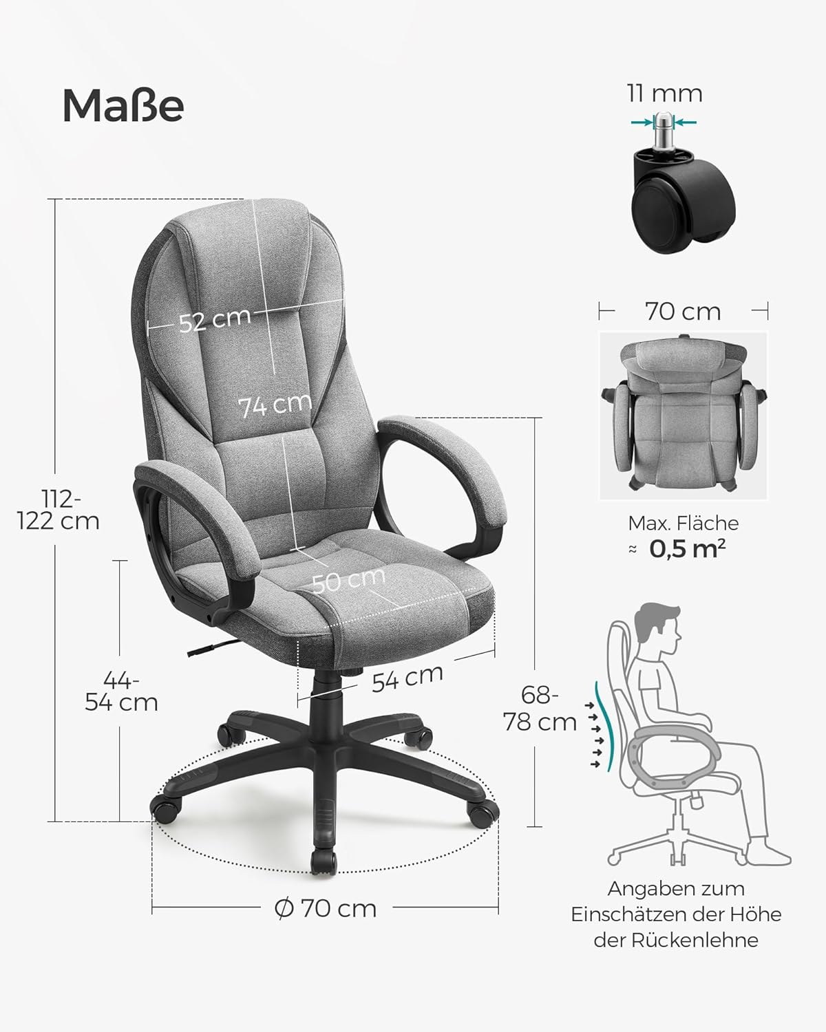 SONGMICS OBG022G01 Bürostuhl, Gaming-Stuhl, ergonomischer Chefsessel, drehbar und höhenverstellbar, Workstation, mit Rollen, Taubengrau OBG022G01, 7370 (112-122) cm – Bild 3
