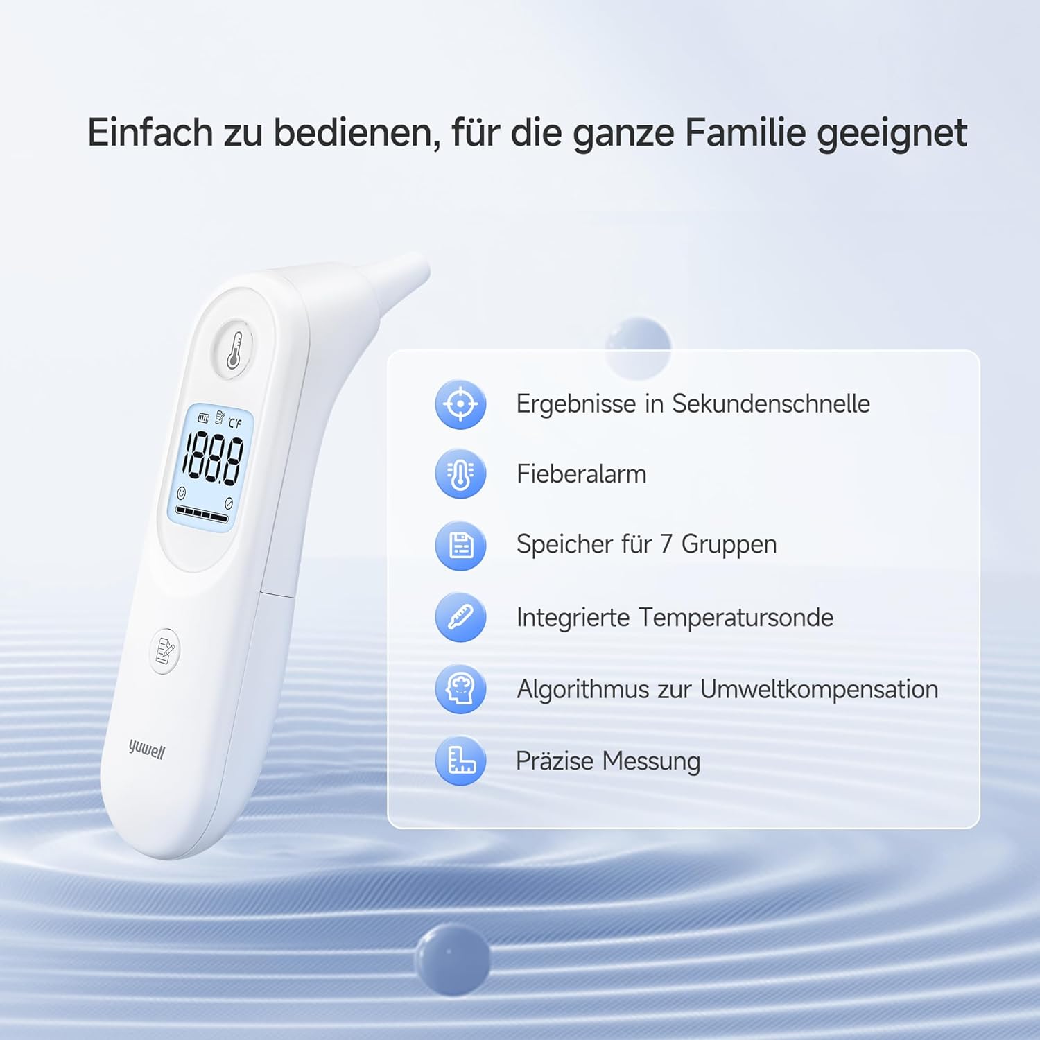 yuwell Fieberthermometer für Kinder und Erwachsene, medizinisches Ohrthermometer, baby- und kinderfreundlich, Messung in Sekunden, Warnung vor hohen Temperaturen, großes Display, 7 Messwertspeicher – Bild 3