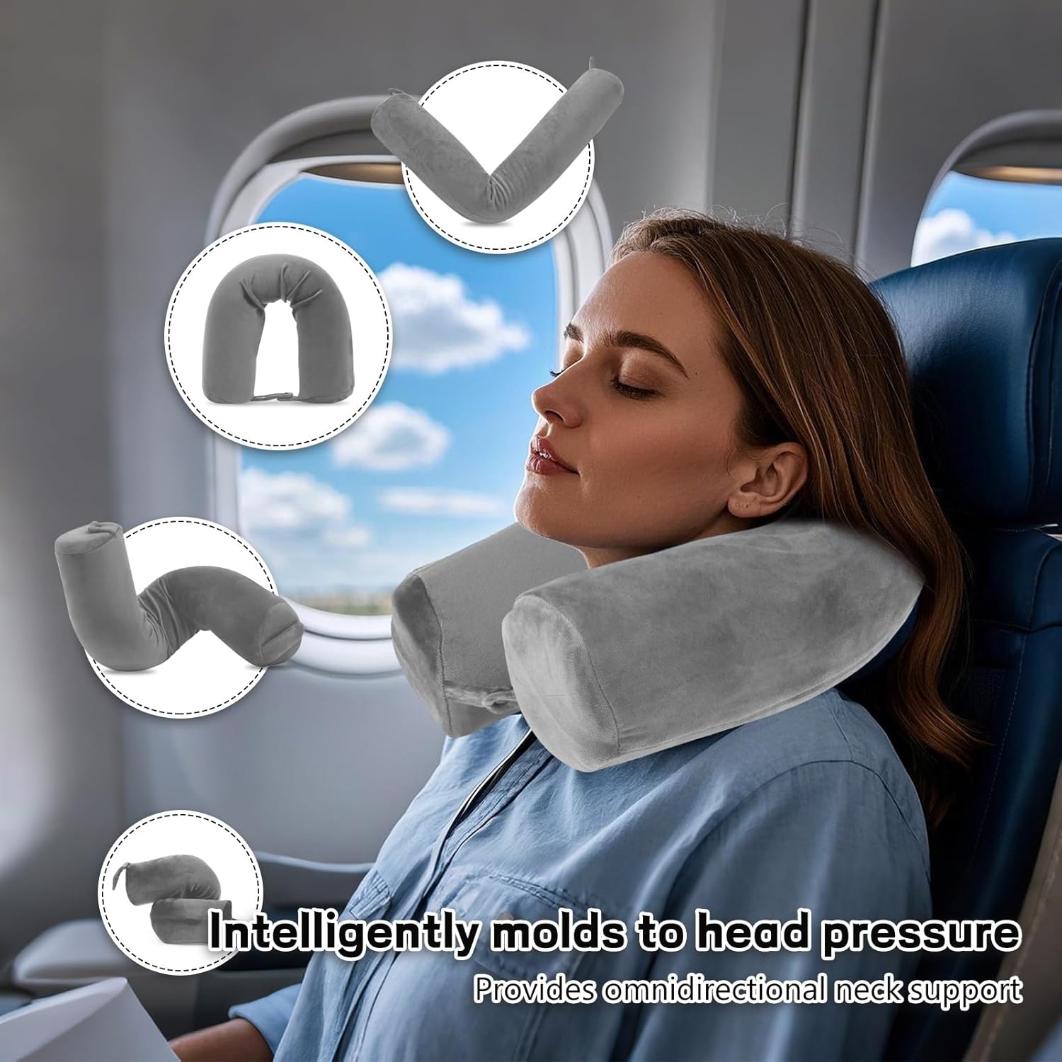 EPROICKS Flugzeug-Nackenkissen, verstellbar, Reisekissen, flexibles Auto mit Memory-Schaum und flexiblen Stützstangen, formbar für Seitenschläfer, inklusive Schlafmaske und Ohrstöpsel, kompakt, atmungsaktiv (grau) – Bild 2