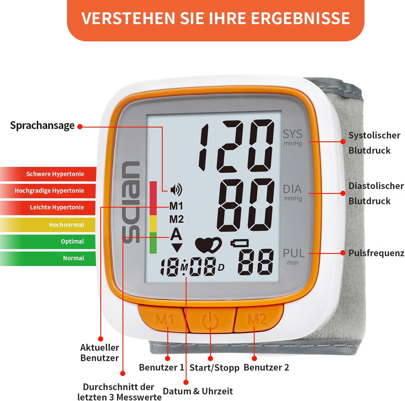 Scian Handgelenk Blutdruckmessgerät, Automatische Blutdruckmanschette mit Sprachausgabe, großes Display, 2 Benutzer, 180 Speicherplätze und Tragetasche – Bild 6