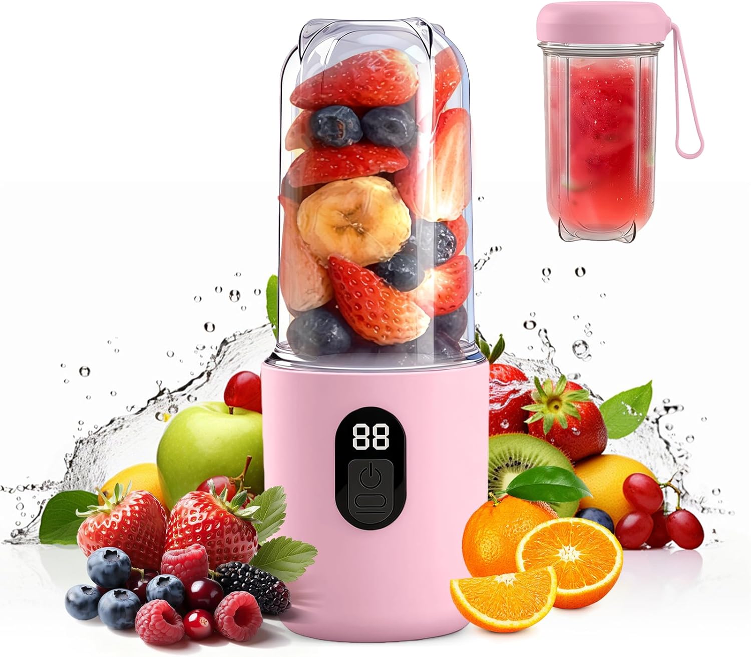 500 ml tragbarer Mixer, Smoothie Maker to Go mit Digitalanzeige, 16 Blatt elektrischer USB-Entsafter, Mini-Mixer für Shakes und Smoothies, für Küche, Reisen, Fitnessstudio, Pink