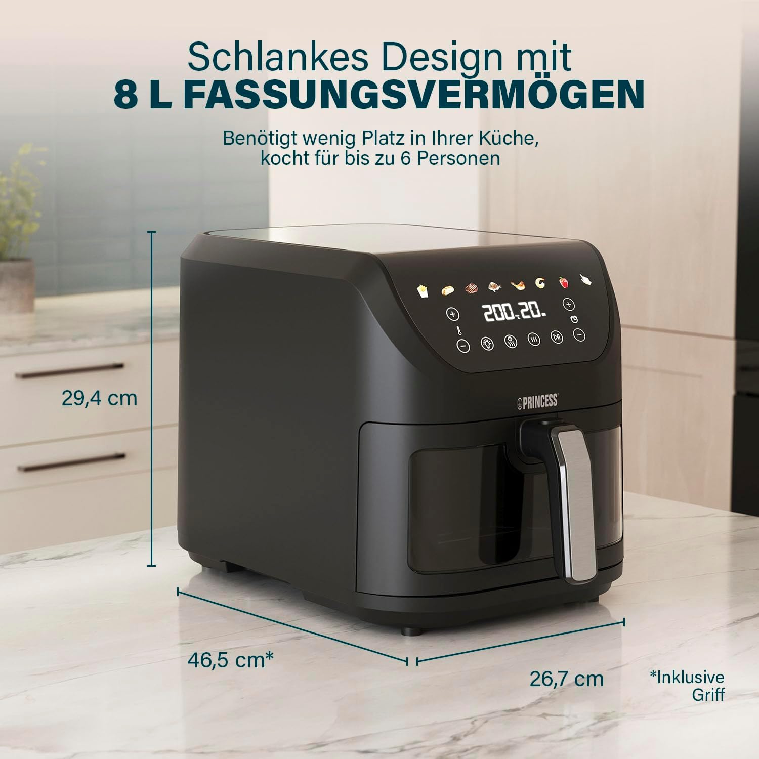 Princess SlimFry Airfryer, 8 l Fassungsvermögen, 2000 W, 8 Programme, digitaler Touchscreen, einstellbare Temperatur, Sichtfenster, automatische Abschaltung, spülmaschinenfest, 182257 – Bild 2