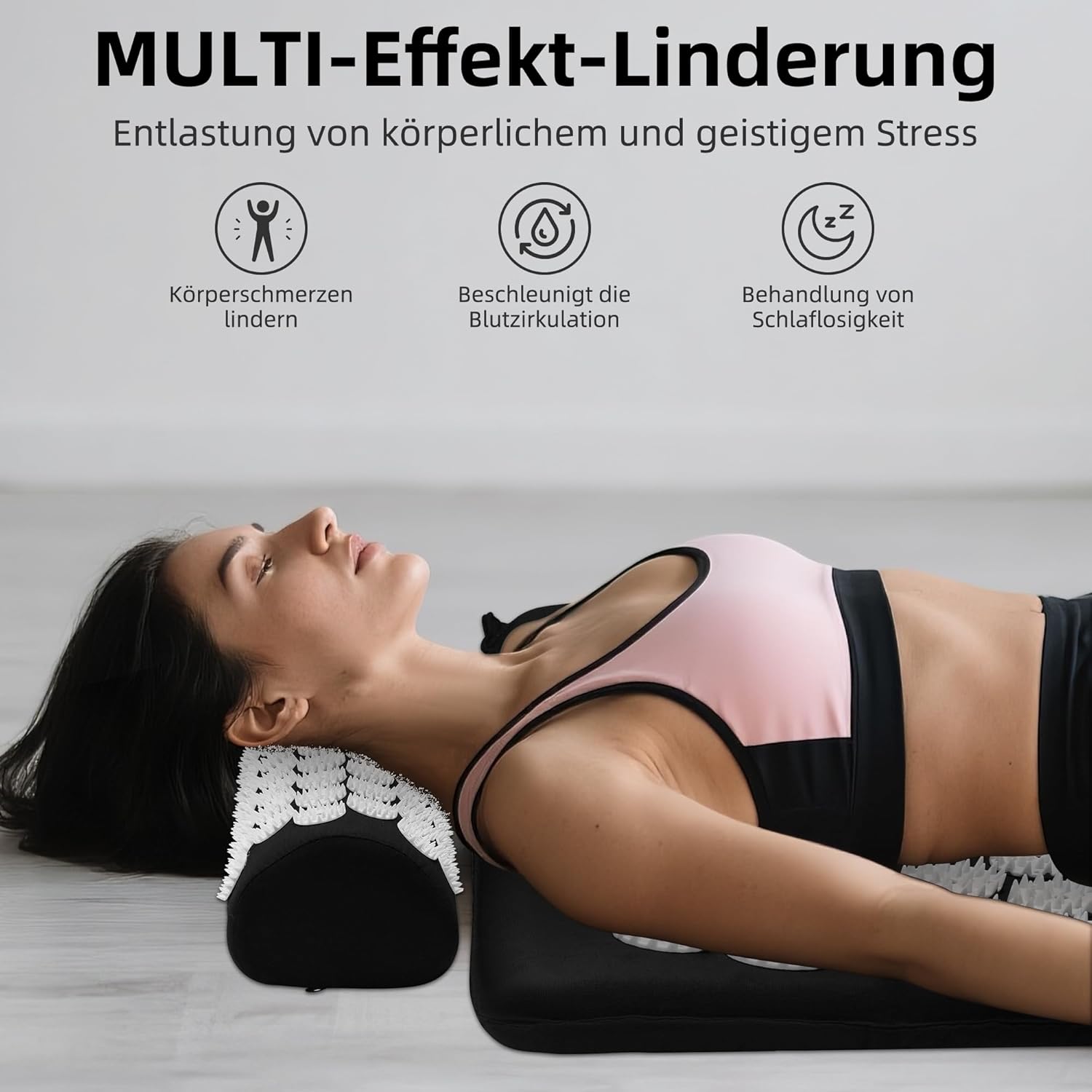 Akupressurmatte Akupunkturmatte mit Kissen gegen Nacken- und Rückenschmerzen, Akupressurmatte für Magnetfeldtherapie, inklusive Tragetasche und zwei Massagebällen für Damen und Herren, Schwarz – Bild 2