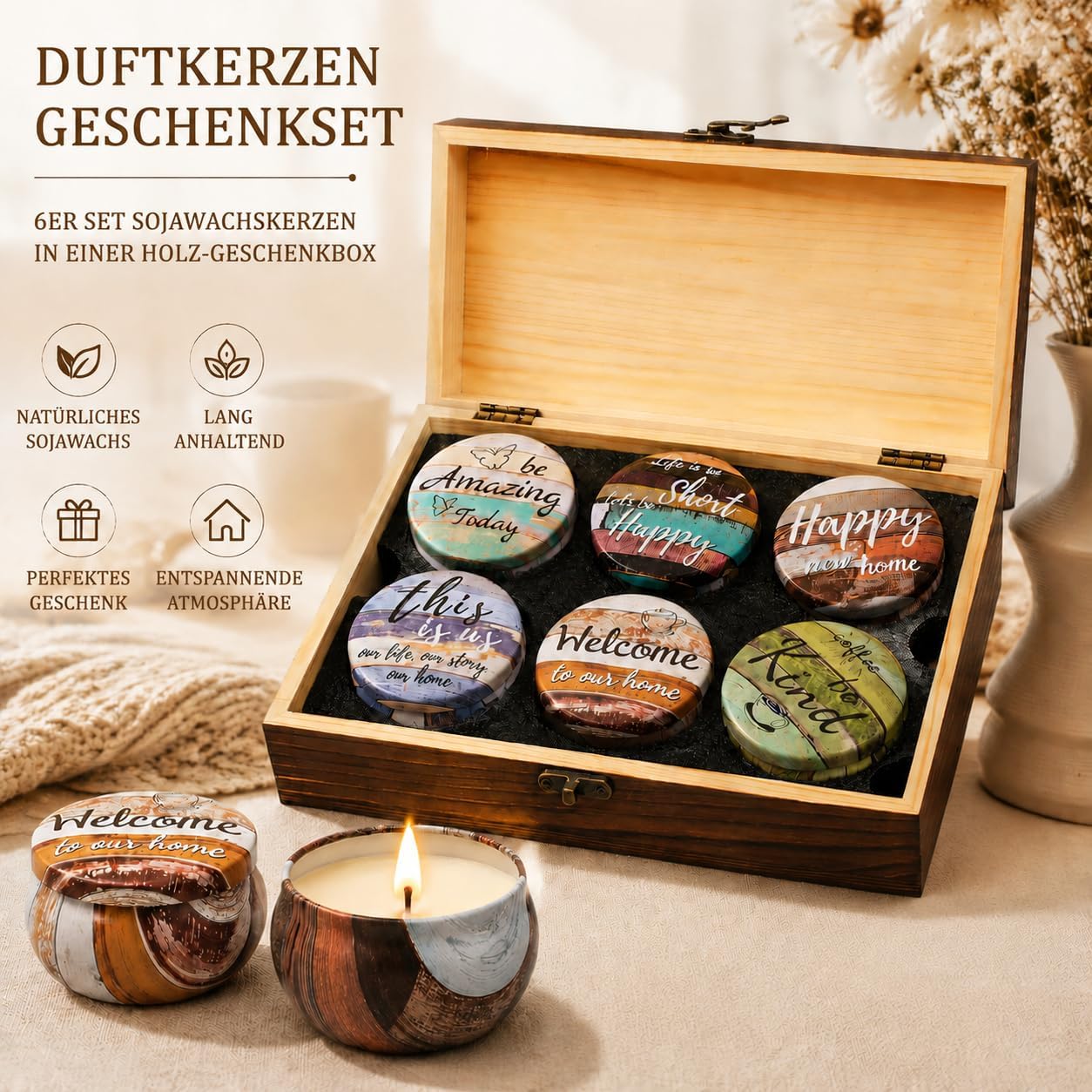 Geschenke für Frauen, Duftkerzen-Set mit dekorativer Holzbox, Set mit 6 Kerzen mit Sprüchen, natürliche Sojawachskerze zum Geburtstag, Geschenkset für Männer und Frauen – Bild 2