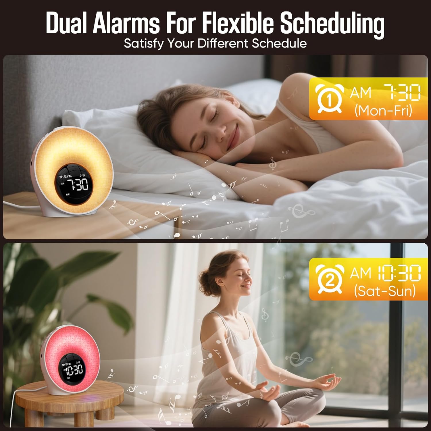 Tageslichtwecker, Lichtwecker Sonnenaufgang Wecker mit Licht, Wecker Digital mit 2 Alarme und Snooze, White Noise Machine mit 30 Schlafgeräuschen, Nachttischlampe mit 20 Helligkeit, 8 Farblicht, Timer – Bild 4