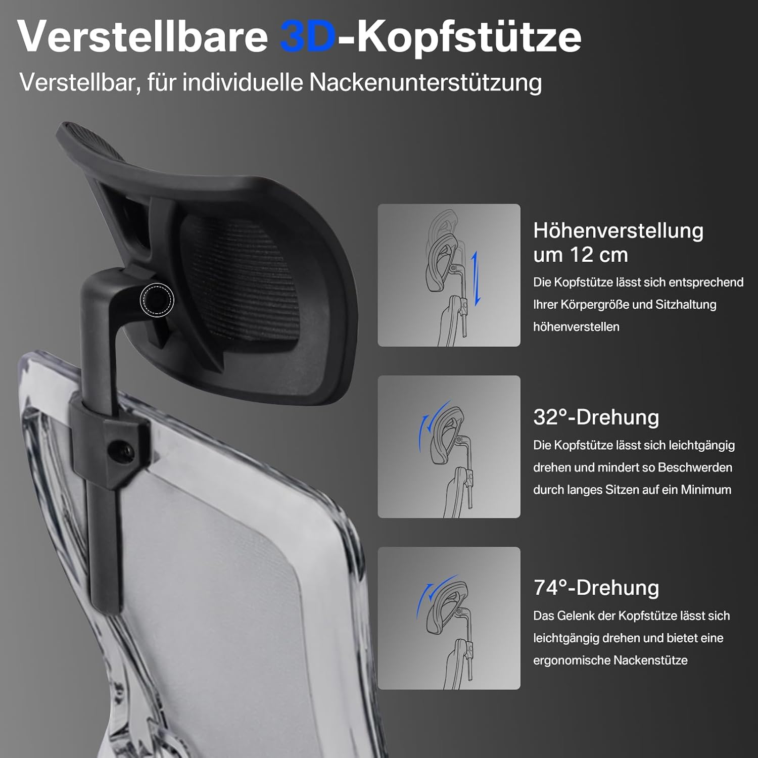 Durrafy Ergonomischer Bürostuhl, Schreibtischstuhl mit hoher Rückenlehne, verstellbarer Lordosenstütze, Kopfstütze & Armlehnen, Drehstuhl mit Liegefunktion, Bürostuhl bis 150 kg belastbar, Schwarz – Bild 6