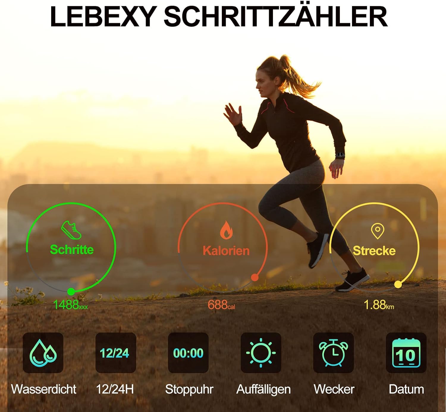 LEBEXY Schrittzähler-Uhr, einfacher Schrittzähler, ohne Bluetooth/ohne App/ohne Handy, Fitness-Armband, Tracker zum Joggen, Walken, Laufen für Damen und Herren, Fitness-Uhr für Schwimmen, Sauna – Bild 2