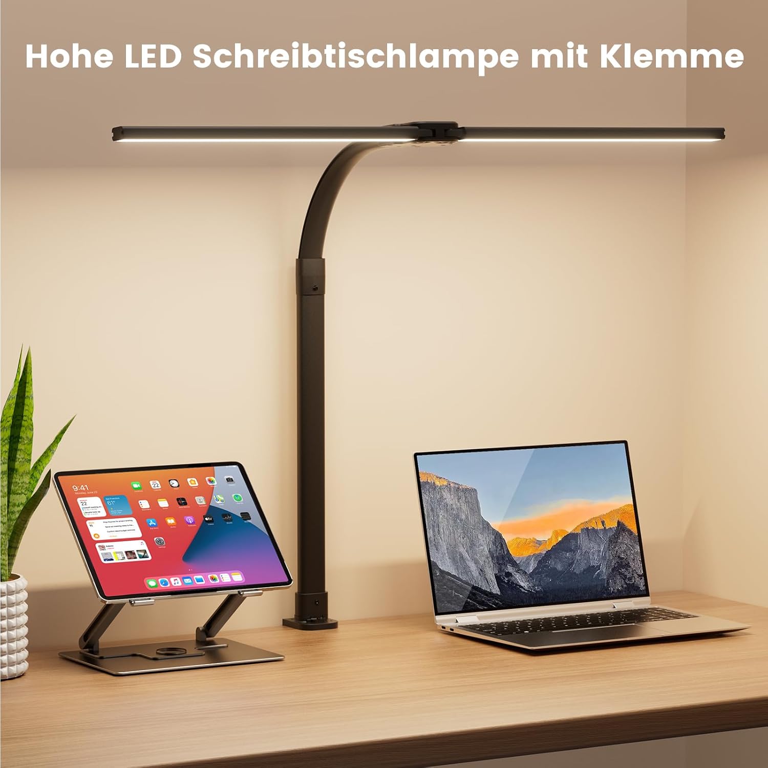 Doppelkopf Schreibtischlampe LED, 24W 76cm Schreibtischlampe Klemmbar für Home Office, 3200K-6500K Schwanenhals Büro Tischlampe Augenschutz Arbeitsplatzleuchte Monitorlampe PC Lampe (Schwarz) – Bild 2