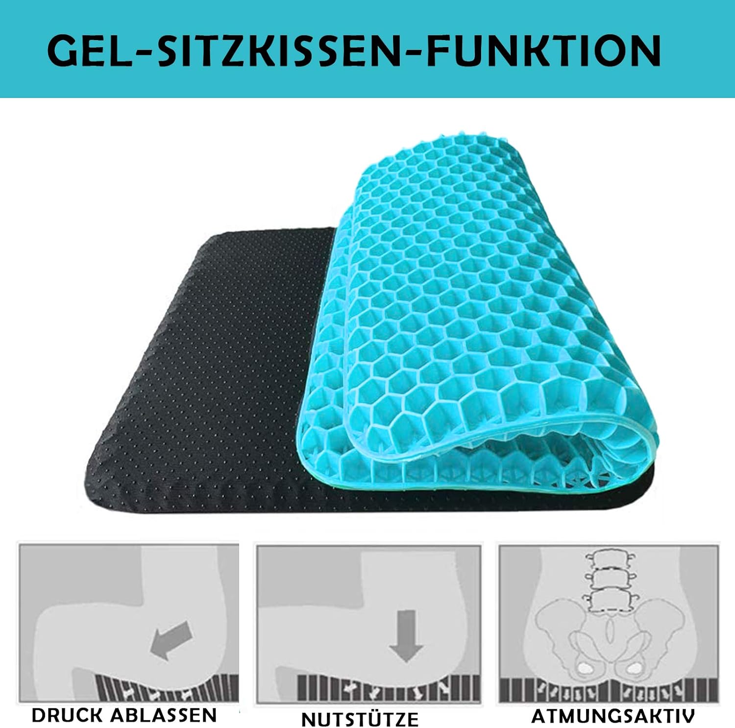 HSSGGV Waben-Gel-Sitzkissen, rutschfester Bezug, atmungsaktiv, für Auto, Bürostuhl und Rollstuhl (milchblau, 44 x 39 x 4 cm) – Bild 3