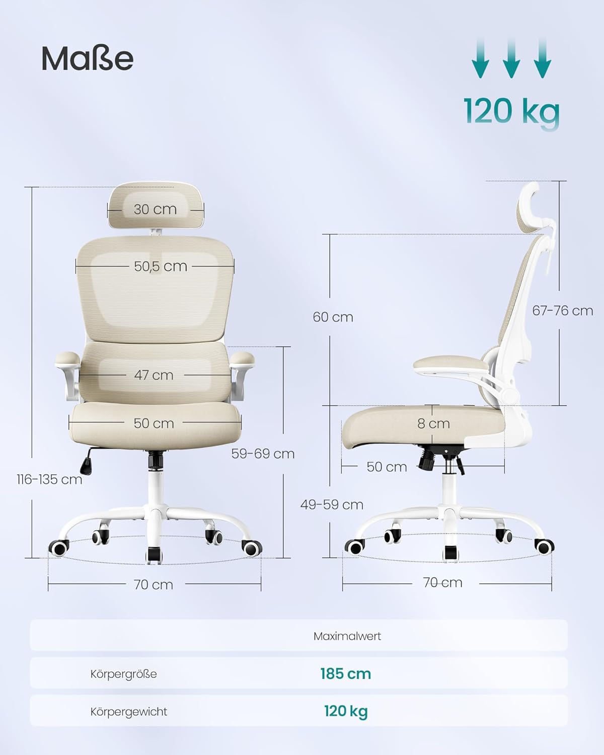 SONGMICS Bürostuhl, Schreibtischstuhl, ergonomischer Netzstuhl, doppellagiges Netzgewebe, atmungsaktiv, adaptive Lordosenstütze, verstellbare Kopfstütze, für das Heimbüro, Sandbeige OBN041L01 – Bild 3