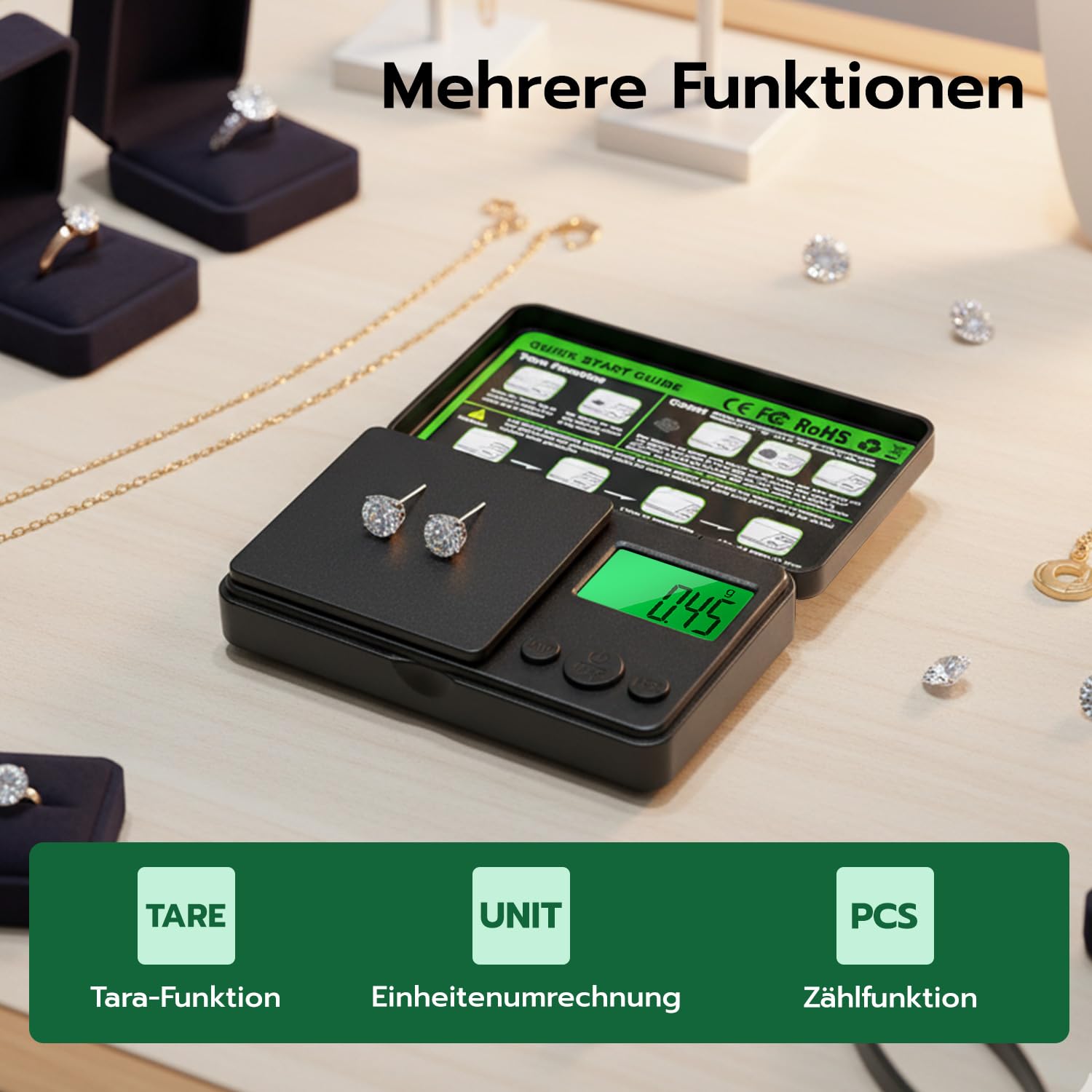 500 g/0,01 g Präzisionspräzise elektronische digitale Grammwaage, Taschenwaage mit Tara-Funktion und 7 Einheiten, LCD-Hintergrundbeleuchtung, Batterien im Lieferumfang enthalten – Bild 4