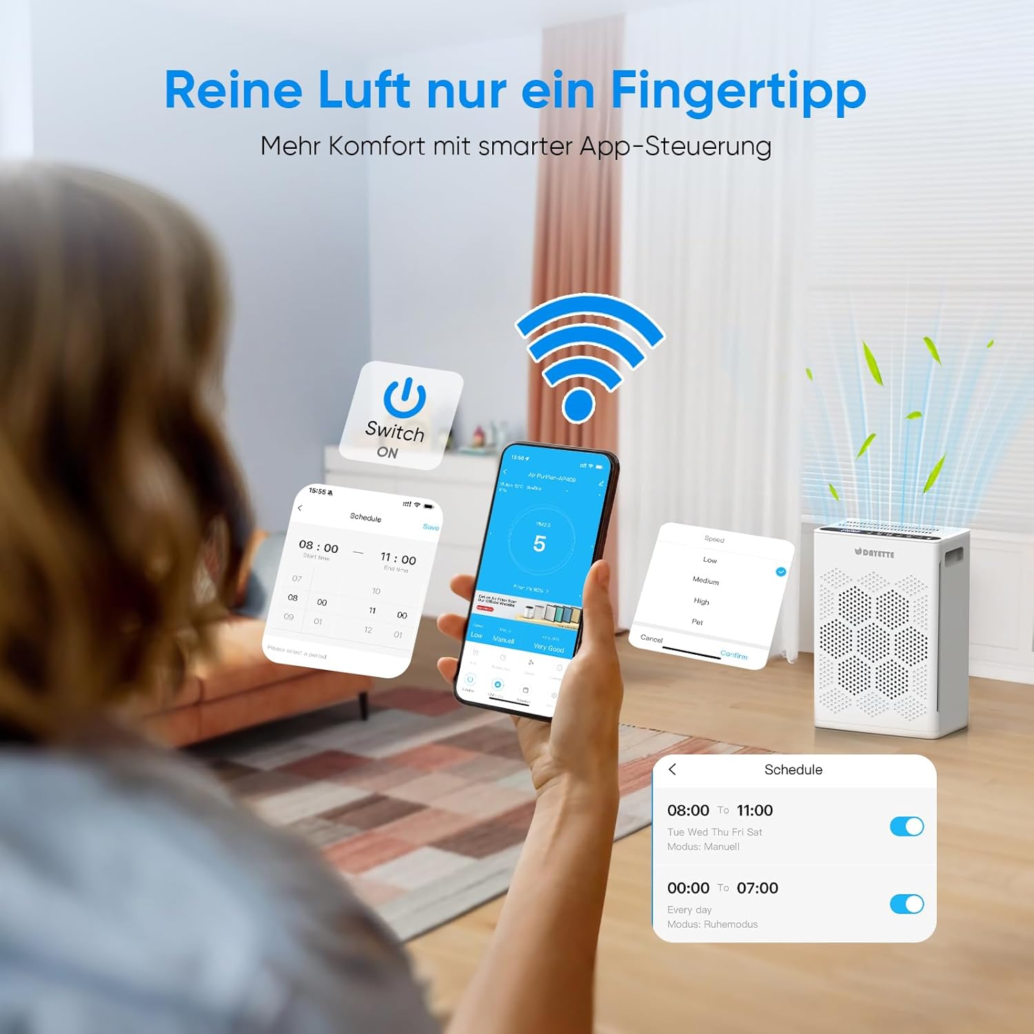 Luftreiniger für Allergiker für zu Hause, HEPA H14-Filter mit waschbarem Vorfilter gegen Zigarettenrauch, Schimmel und Gerüche, CADR 300 m³/h, App- und Alexa-Steuerung – Bild 2
