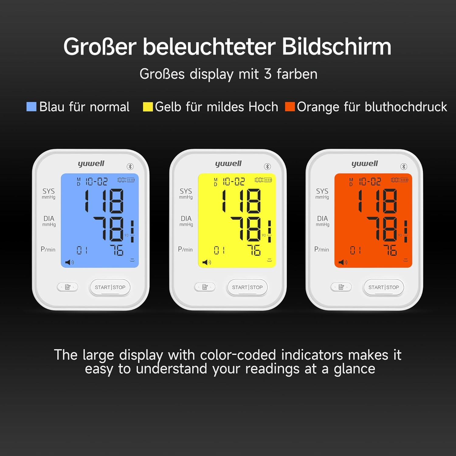 yuwell Intelligentes Oberarm-Blutdruckmessgerät mit Bluetooth, Manschette für 22-45 cm, Sprachübertragung, hintergrundbeleuchtetes Display, wiederaufladbarer Akku, App für iOS & Android (YE650AR) – Bild 5