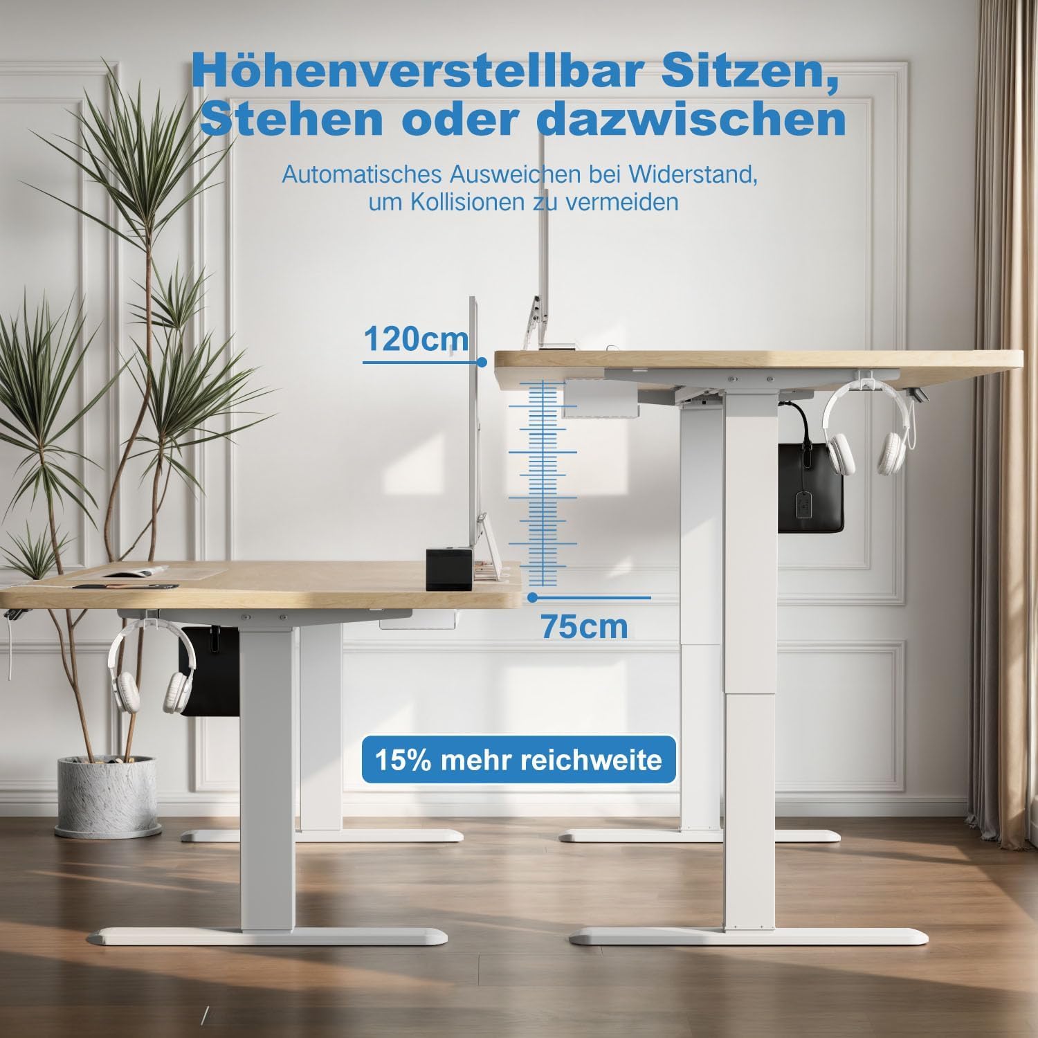 Devoko Höhenverstellbarer Schreibtisch mit 2 Motoren, 25 mm einteilige Tischplatte, 160 x 80 cm, mobiler elektrischer Computertisch mit Kabelmanagement, Eiche, perfekte Ergonomie für Ihr Büro – Bild 2