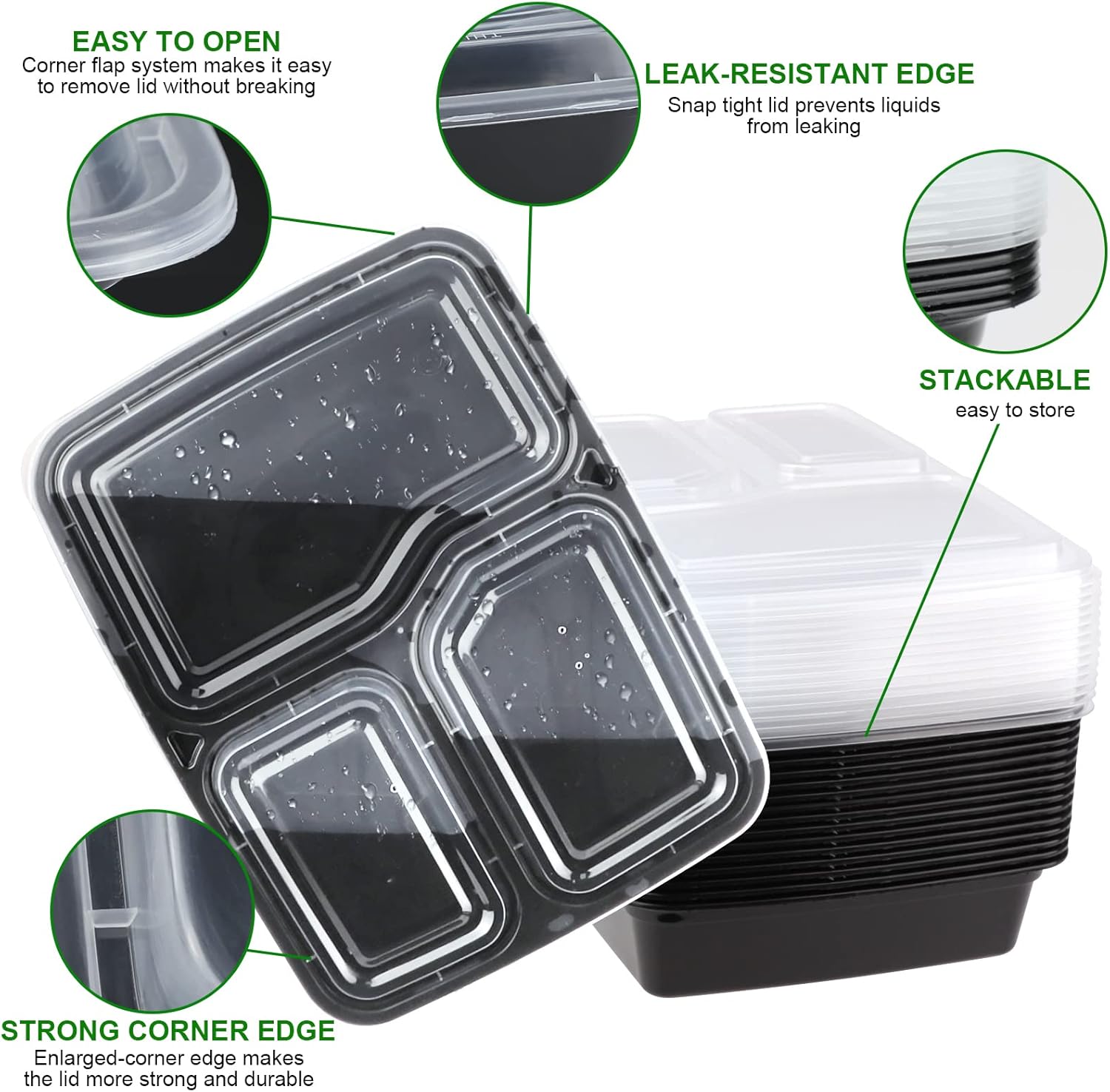 Behälter für die Zubereitung von Mahlzeiten mit 3 Fächern – Bento-Lunchboxen, BPA-freie wiederverwendbare Lebensmittelaufbewahrung mit luftdichtem Deckel, gefrier-, mikrowellen- und spülmaschinenfest – 10 Stück, 32 oz – Bild 3