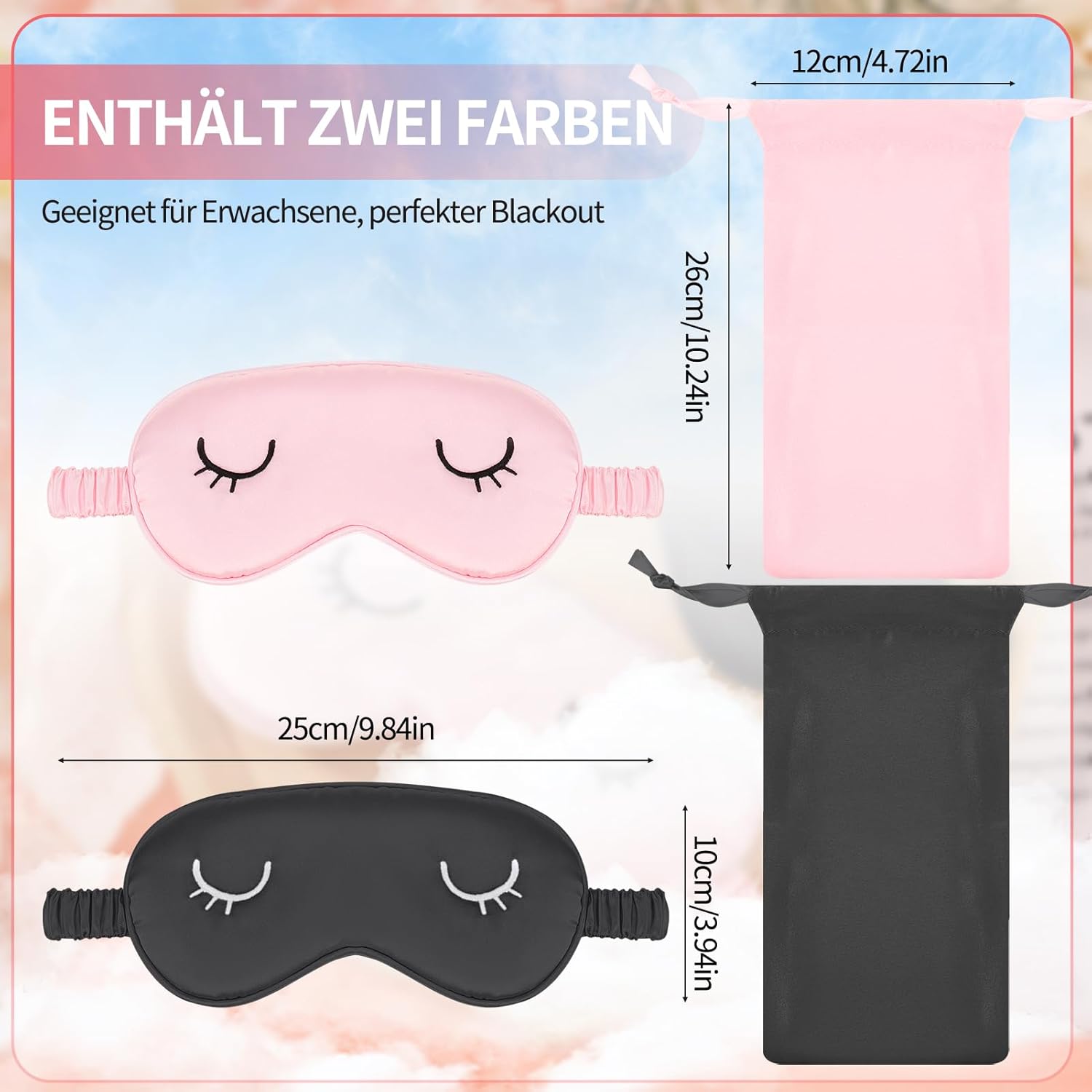 2 Stück Seide Augenmaske für Erwachsene, Schlafmaske für Damen, bequeme Schlafmaske für Damen und Herren, lichtblockierende Nachtmaske mit Aufbewahrungstasche (groß) – Bild 7