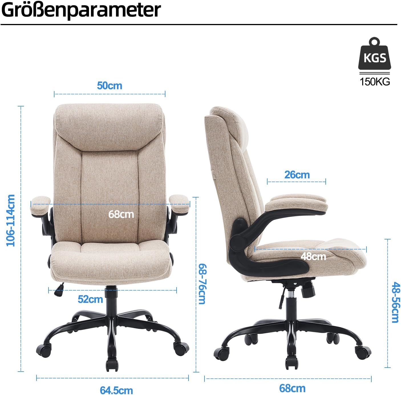 MZLEE Ergonomischer Bürostuhl, Computerstuhl, Schreibtischstuhl, drehbarer Arbeitsstuhl mit hochklappbarer Armlehne, höhenverstellbar, bequem für Büro, Zuhause, Gaming (beiger Stoff) – Bild 3