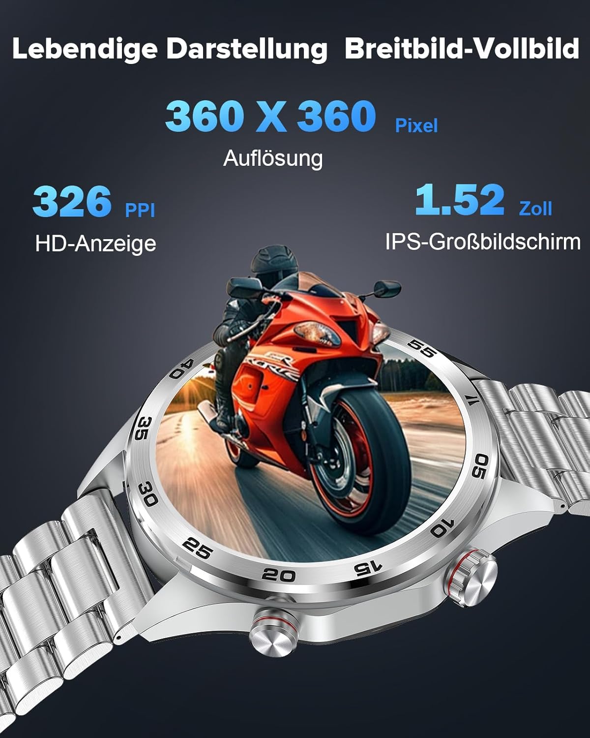 MEGALITH Smartwatch Herren Fitnessuhr: Telefonfunktion Runde Fitnessuhr mit 3 Armbändern – Blutdruckmessung Herzfrequenzmesser Smart Watch Silber Wasserdicht – Bild 5