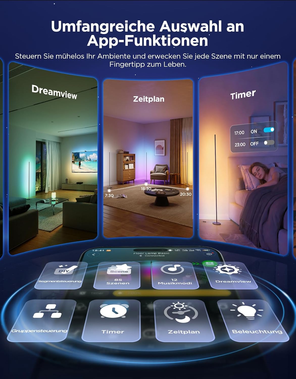 Govee RGBIC LED Stehlampe Wohnzimmer, WiFi Stehlampe, Dimmbar, Arbeiten mit Alexa und Matter, 16 Millionen Farben, 85 Szenenmodi, Musikmodi, DIY-Modus Stehlampe für Schlafzimmer Gaming, Schwarz – Bild 5