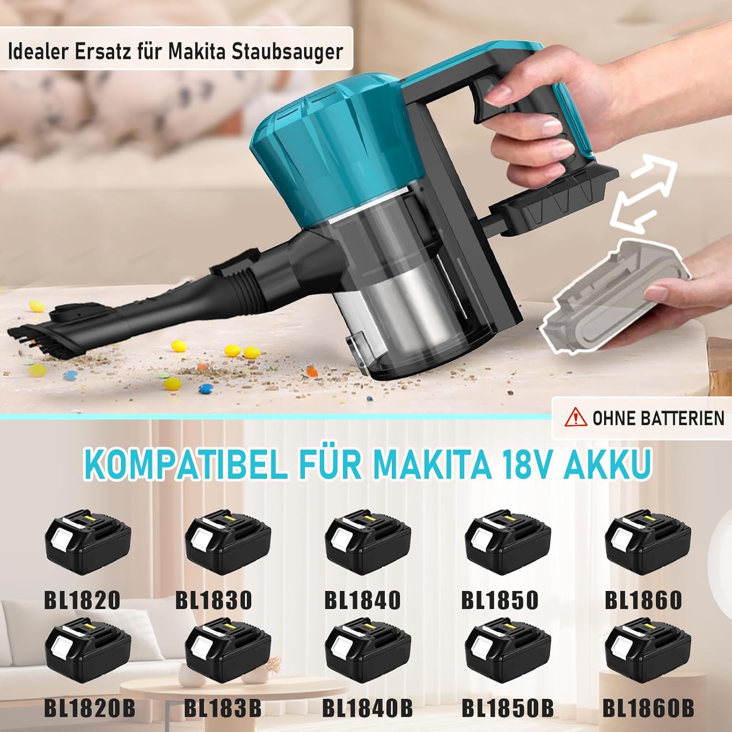Akku Staubsauger für Makita Akku 18V, 45000Pa 550W Staubsauger Kabellos mit HEPA Filter x 2, 6-in-1 Leichter Handstaubsauger für Tierhaare, Teppich und Hart (Ohne Akku) – Bild 4