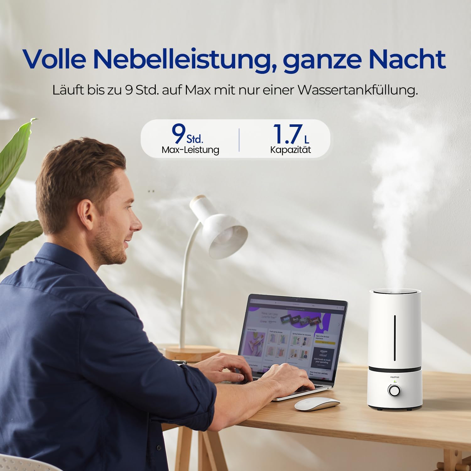 raydrop Luftbefeuchter für Schlafzimmer & Kinderzimmer, 1,7 L leiser & platzsparender Ultraschall-Raumbefeuchter für Baby & Pflanzen, einfache Bedienung & einfache Reinigung, automatische Abschaltung – Bild 3