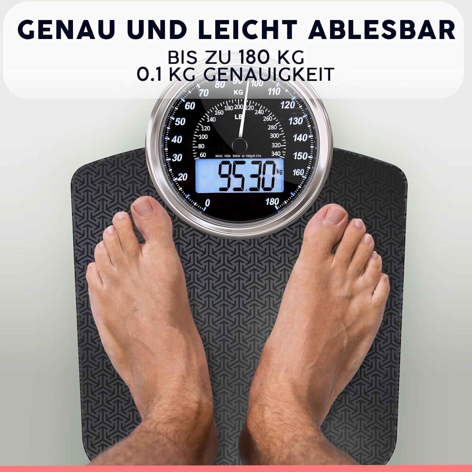 Adamson Hybrid + 2-in-1 digitale und analoge Körperwaage bis 180 kg + dickes gehärtetes Glas + extra großes Display + leicht ablesbare digitale Personenwaage + schwarze Matrix – Bild 5