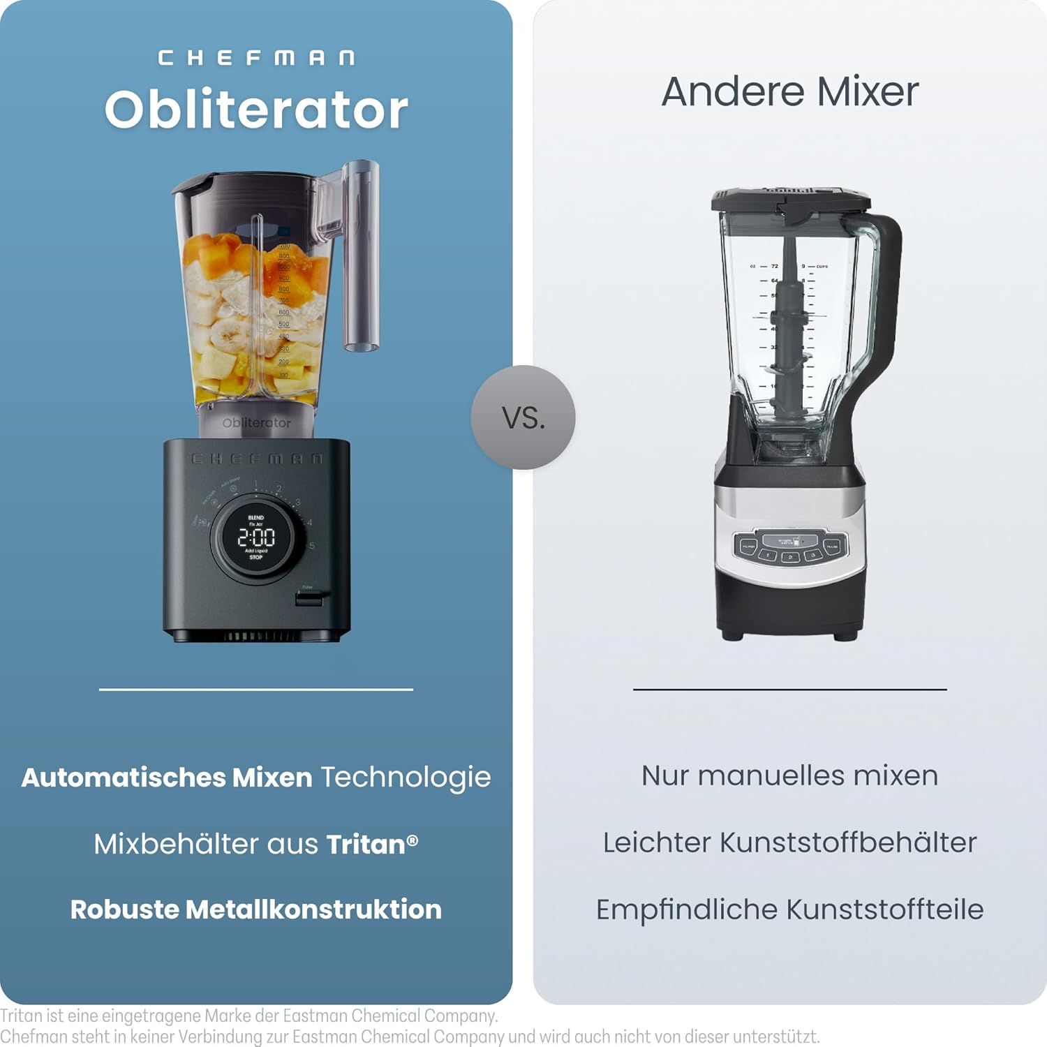 Chefman Obliterator 1,2-l-Mixer für Smoothies, 1380-W-Motor zum Zerkleinern von Eis, Nüssen und gefrorenen Früchten mit Edelstahlklinge, automatische Mischfunktion, inklusive 600-ml-Reisebehälter – Midnight – Bild 2