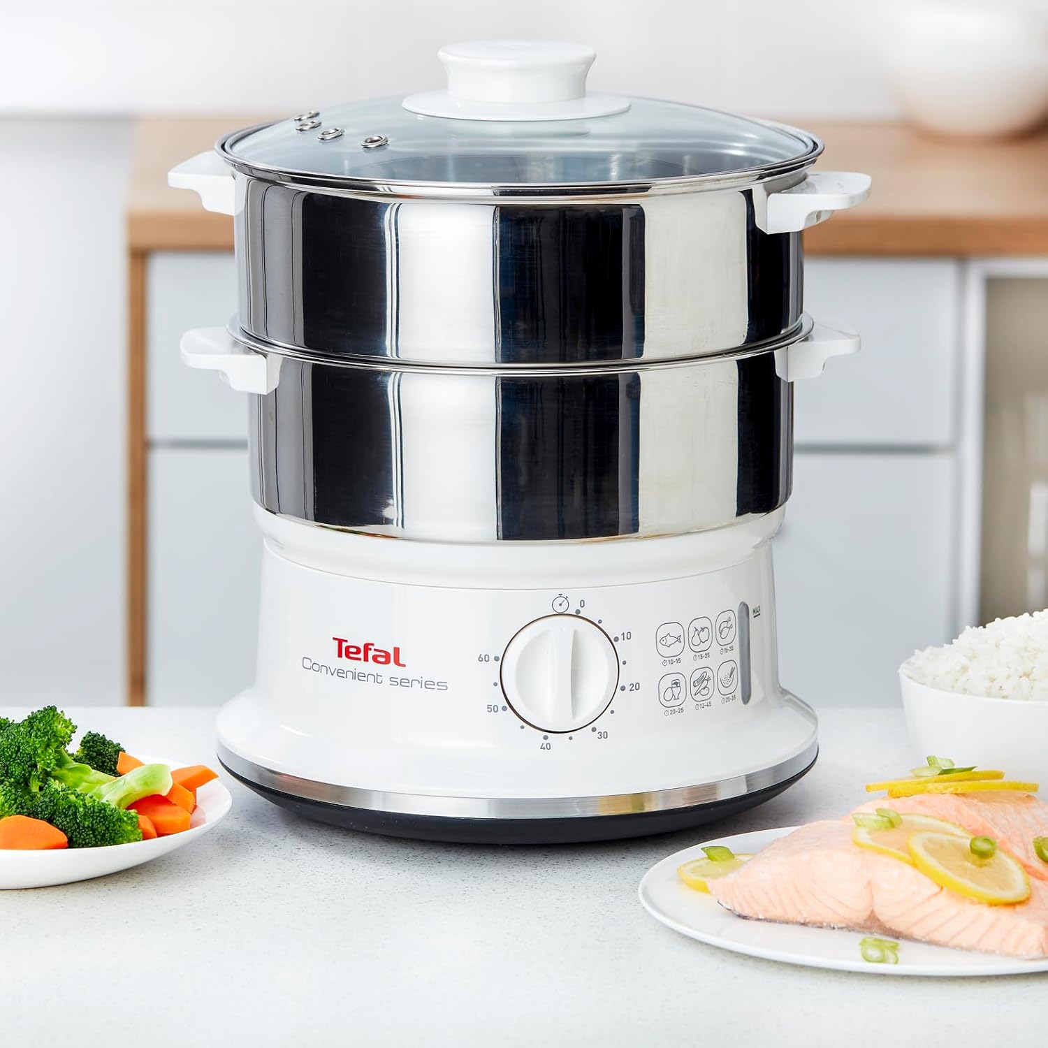 Tefal VC1451 Practical Series Dampfgarer (Volumen: 6 L, Timer, 2 Behälter, Wasserstandsanzeige), Weiß/Edelstahl – Bild 3