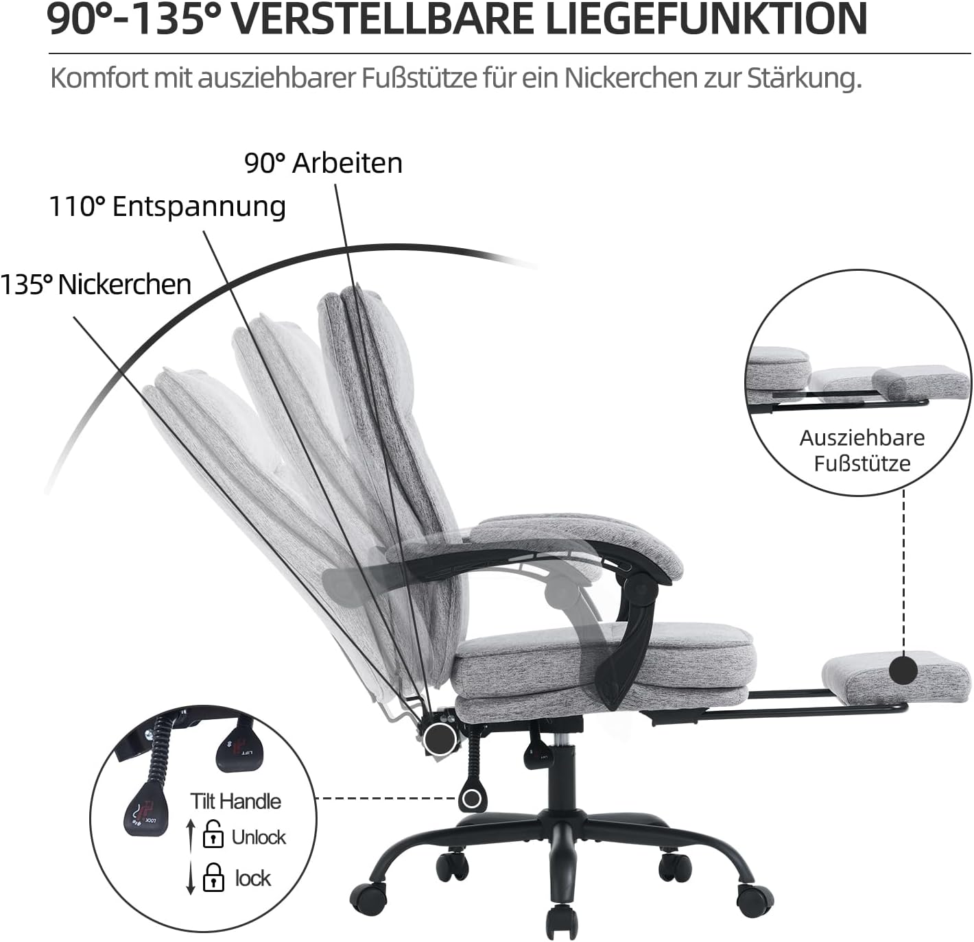MZLEE Ergonomischer Bürostuhl, Schreibtischstuhl mit Fußstütze, 90-135° neigbarer Drehstuhl, Höhenverstellung und Mittagspausenfunktion, Chefsessel für Büro und Zuhause, 150 kg Tragkraft – Bild 6