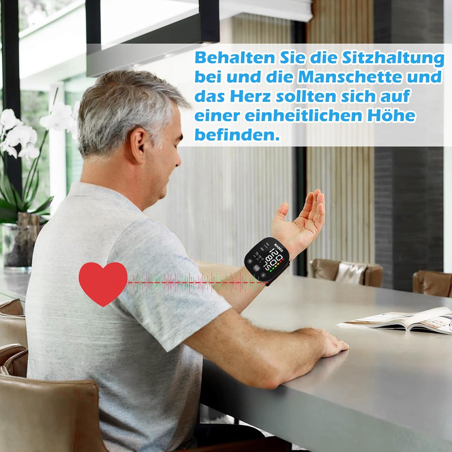 WADEO Digitales Handgelenk-Blutdruckmessgerät mit LCD-Display, Sprachansagefunktion, präzise Messung, 2 x 99 Speicher, tragbares Blutdruckmessgerät mit Arrhythmie-Erkennung für zu Hause oder auf Reisen – Bild 5