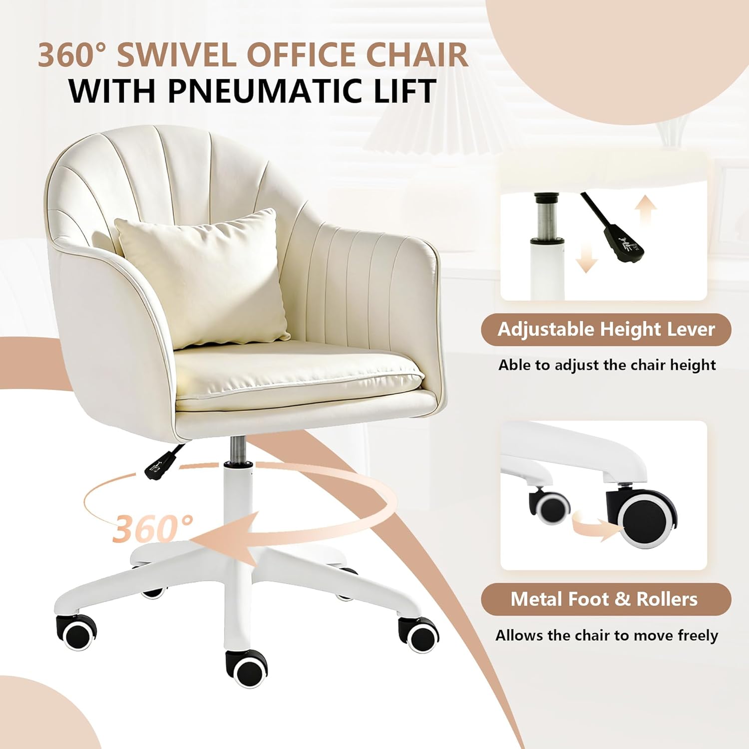 Ergonomischer Bürostuhl, um 360° drehbar, höhenverstellbar, Samtstuhl mit Kissen, Heimbürostuhl bis zu 250 PFD-Last, Schminktischstuhl für Arbeitszimmer, Schlafzimmer, Wohnzimmer, Beige – Bild 3