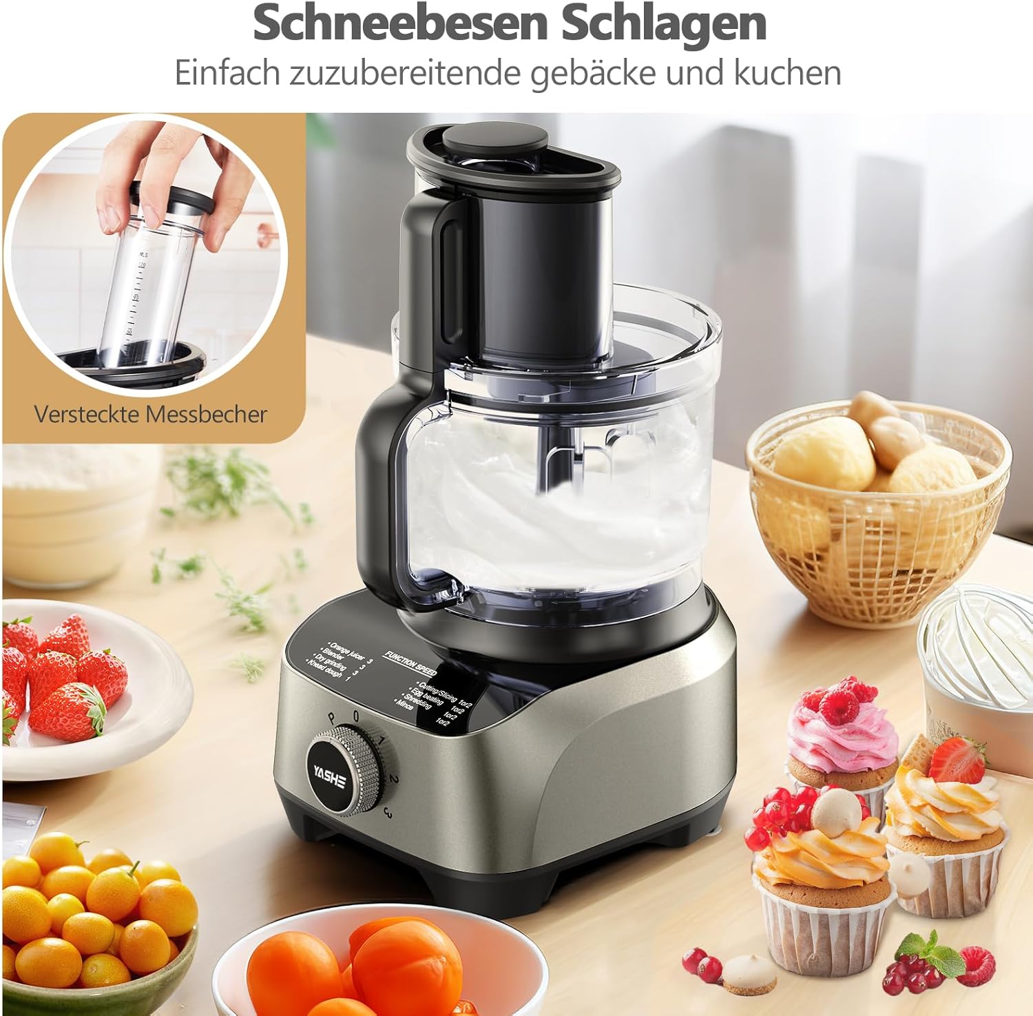 YASHE Multifunktions-Küchenmaschine, 11-in-1-Mixer, Mixer, Zerkleinerer, Entsafter und Teigmaschine mit 2,5-l-Schüssel und 1,5-l-Rührbehälter, 1300 W, 3 Geschwindigkeiten, Pulse-Funktion, Sicherheitsverriegelung – Bild 7