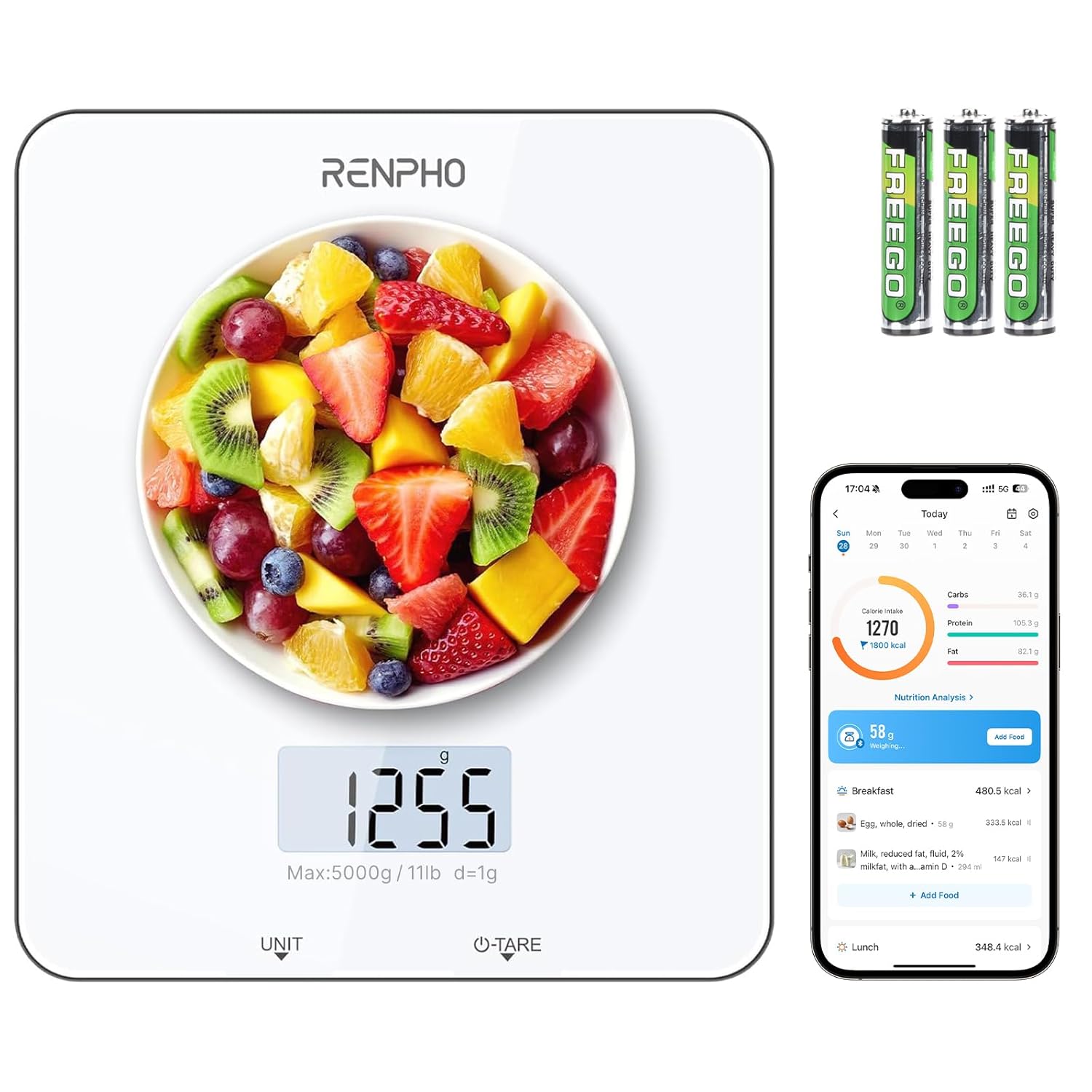 RENPHO Digitale Küchenwaage mit LCD-Display, professionelle Haushaltswaage mit Tara-Funktion, Lebensmittelwaage zum Backen und Kochen, 1 g/0,05 oz präzise Teilung, 5 kg Maximalgewicht