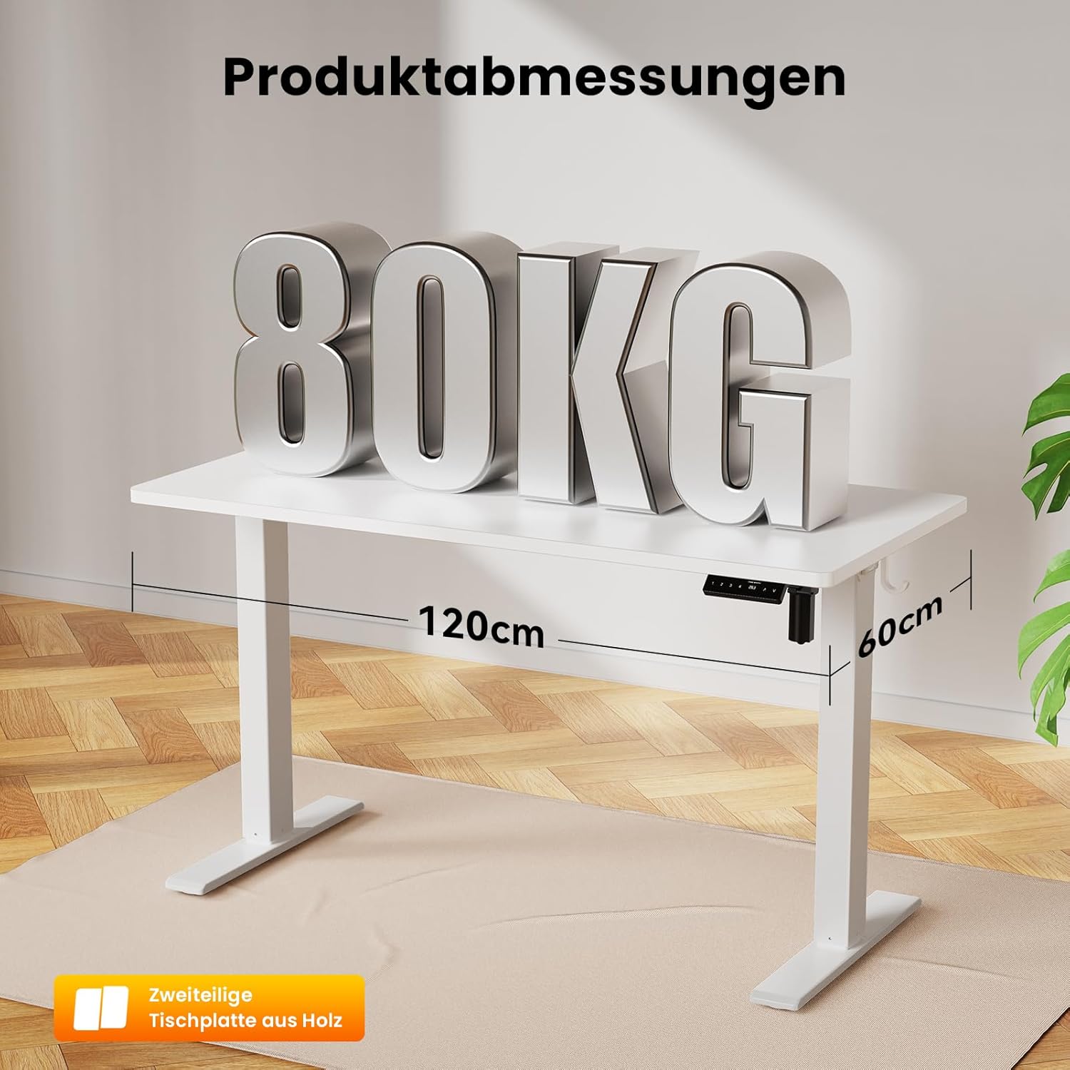 WALKINGDESK Höhenverstellbarer Schreibtisch, elektrisch 120 x 60 cm, Computertisch, Stehsitztisch, höhenverstellbar mit 4 Memory-Funktionen, Stehpult mit 2 Haken für Büro, Verbindungsplatte, weiß – Bild 3