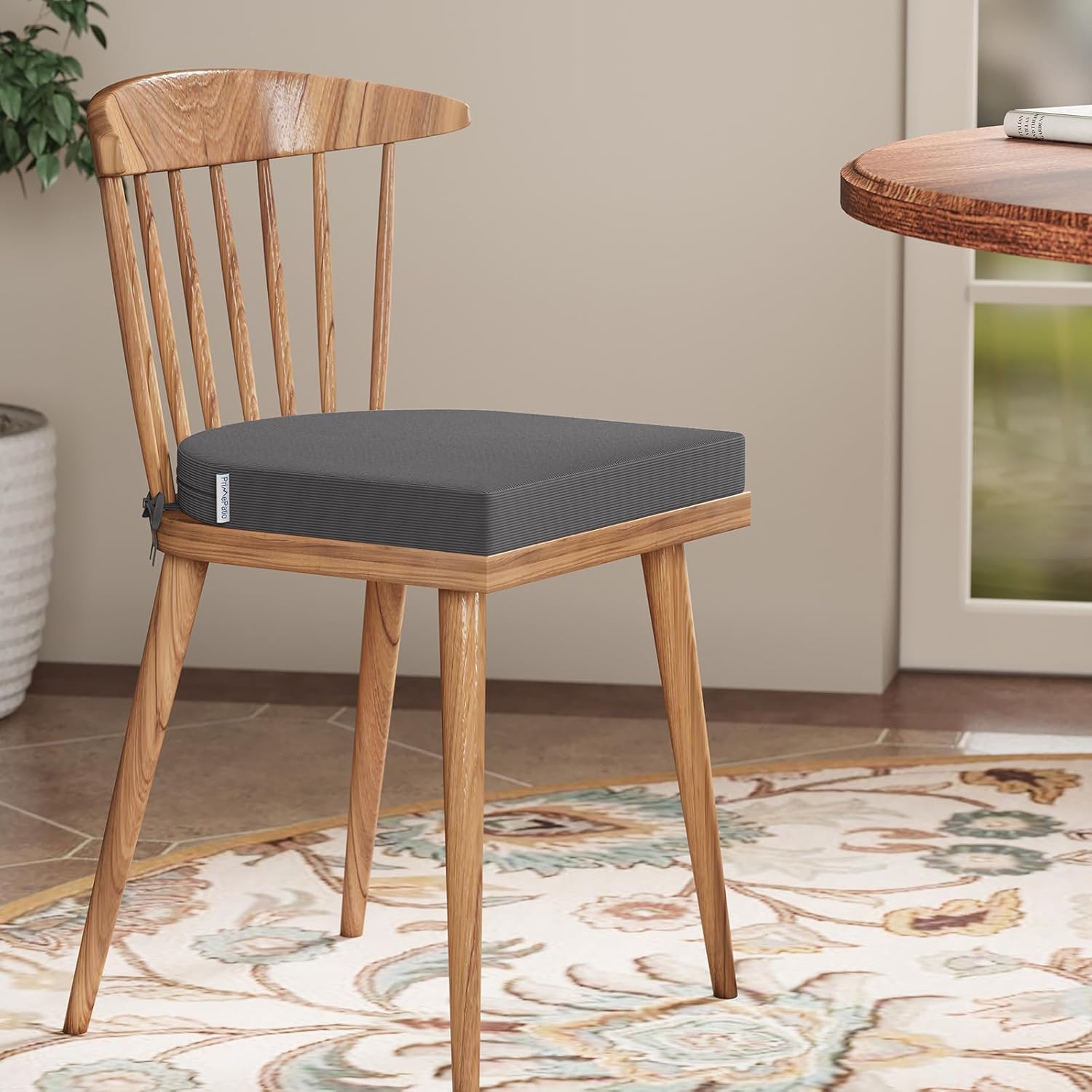 Stuhlkissen 40 x 40 x 5 cm (2er-Set), anthrazit, hochdichter Schaumstoff für den Innen- und Außenbereich, für Küche, Esszimmer, Garten, mit Befestigungsgurten und waschbarem Bezug – Bild 6