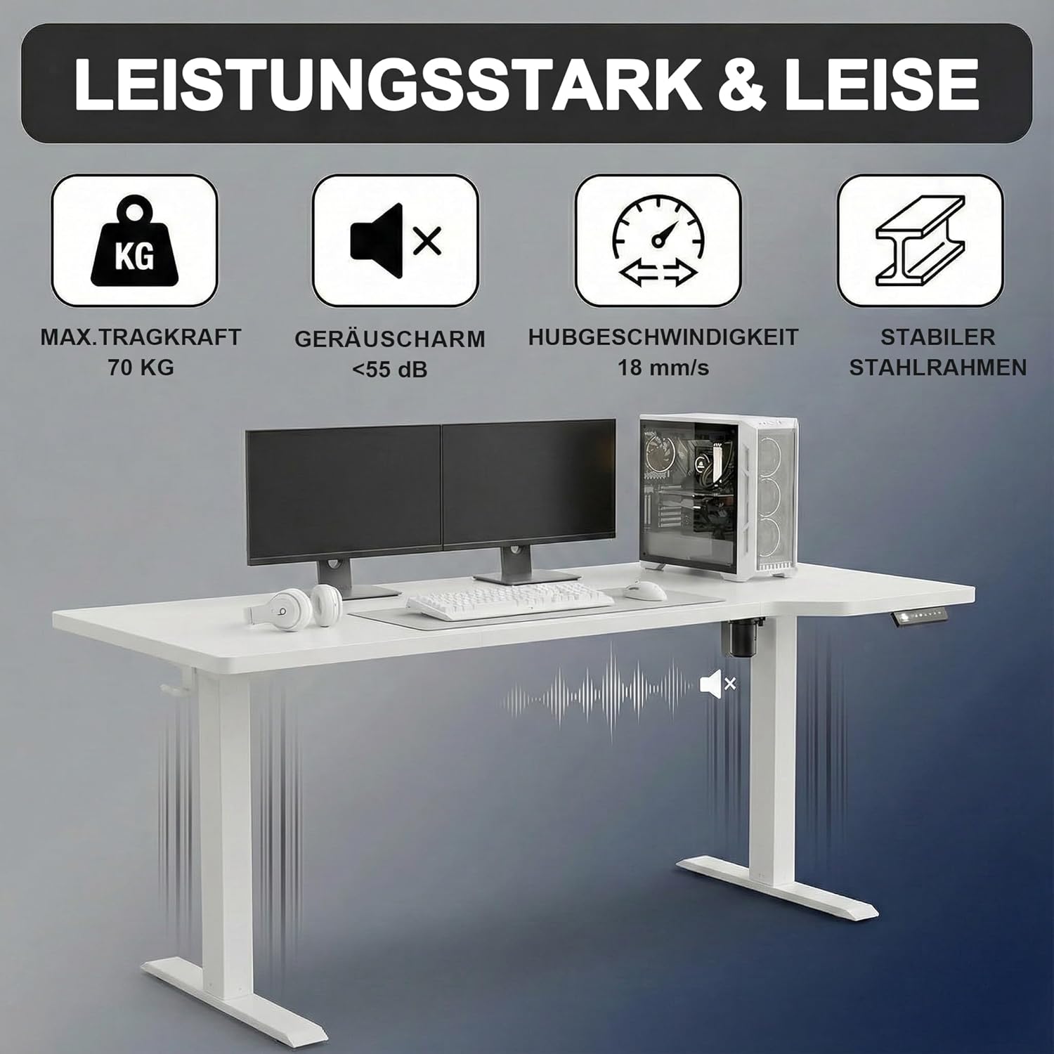 JUMMICO Höhenverstellbarer Schreibtisch 180 x 80 cm, L-Form, Gaming-Tisch, elektrisch, höhenverstellbar, Ergonomie, Bürotisch mit 4-Memory-Funktion und Kabelmanagement, große Monitorfläche, stehend – Bild 6