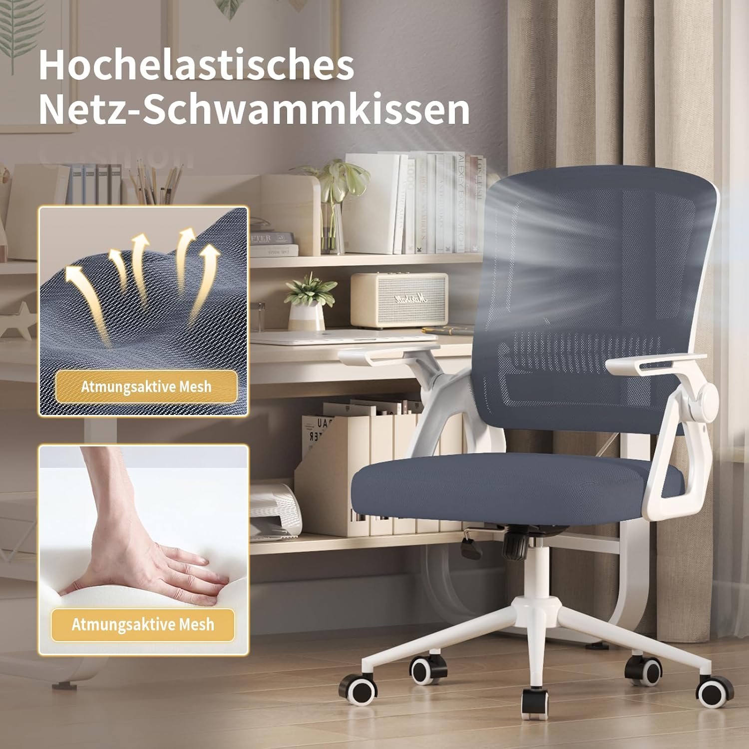 naspaluro Bürostuhl mit klappbaren Armlehnen, ergonomischer Drehstuhl mit Netzbezug, Lordosenstütze, höhenverstellbar, Wippfunktion, gepolstertes Sitzkissen, hellgrau – Bild 3