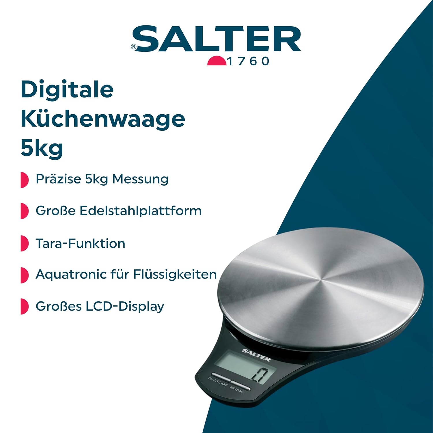 Digitale Küchenwaage aus Edelstahl von Salter – elektronische Kochwaage für zu Hause, wiegt Lebensmittel mit präziser Präzision bis zu 5 kg, plus Flüssigkeiten in ml und fl. Oz. 15 Jahre Garantie – Bild 2