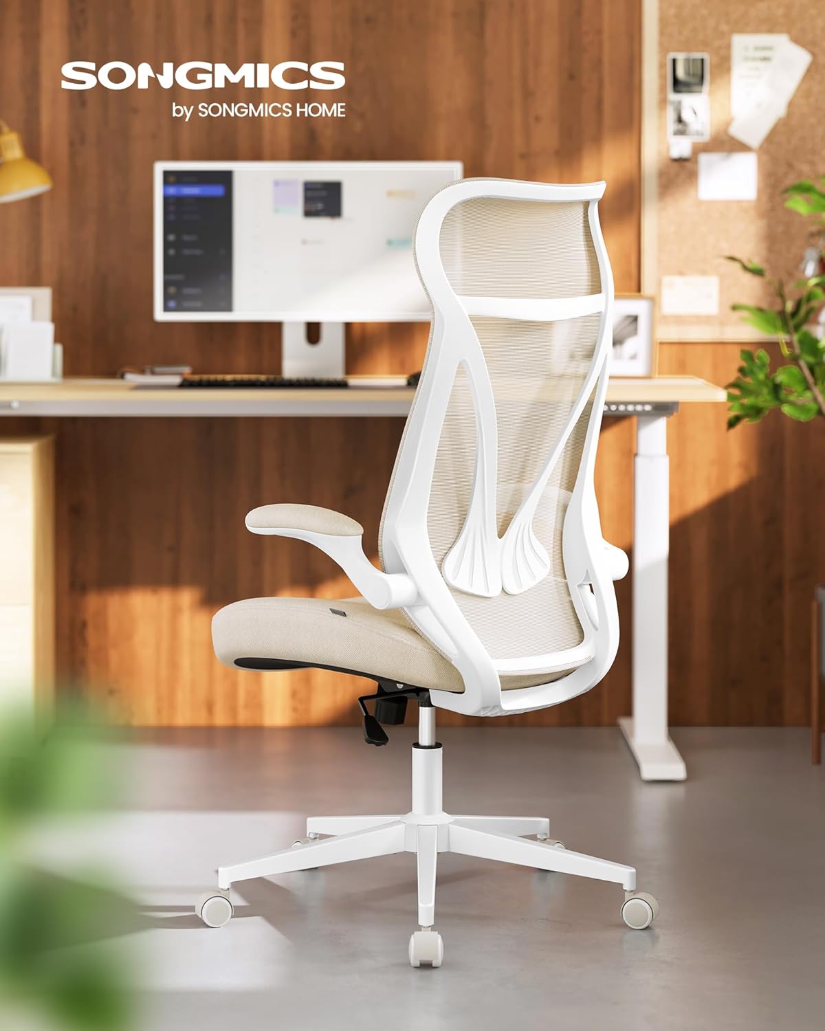 SONGMICS OBN088K01 Bürostuhl, ergonomische Rückenlehne, höhenverstellbar, hochklappbare Armlehnen, drehbarer Schreibtischstuhl mit Kopfstütze, belastbar bis 150 kg, Cappuccino Beige – Bild 2